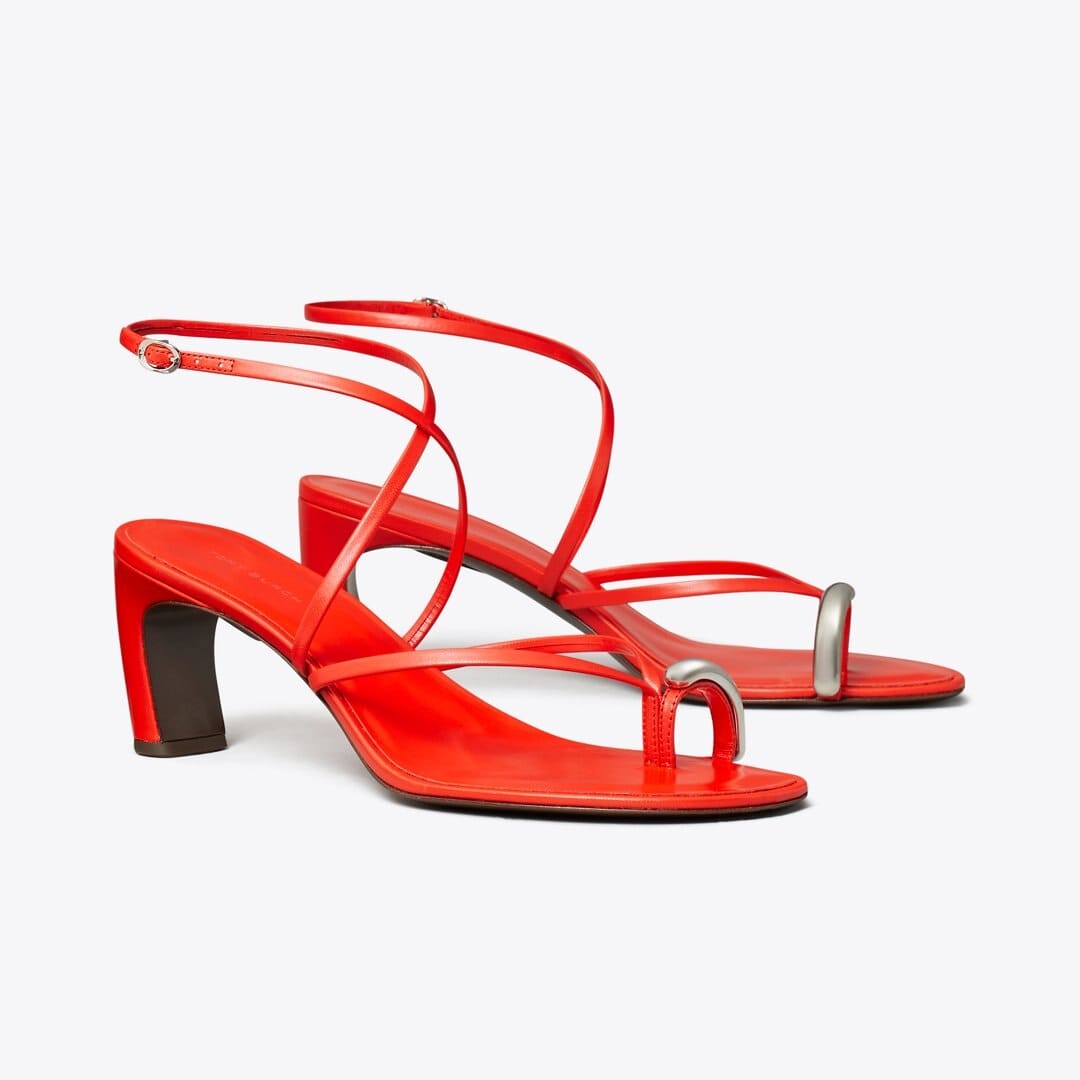 Tory Burch Pierced Multi - Strap Heeled Sandal BLAZING RED / SILVER