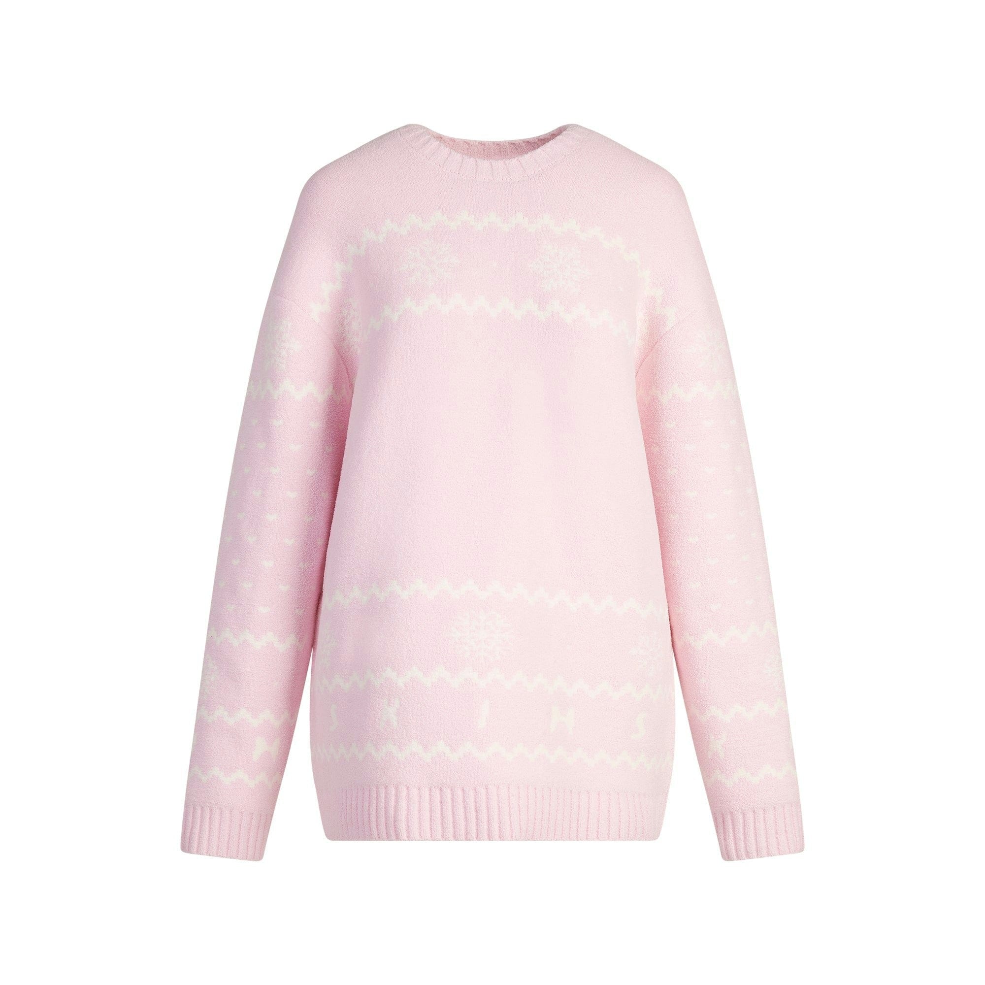 Skims Cozy Light Crewneck Pullover Baby Pink Heart Fair Isle