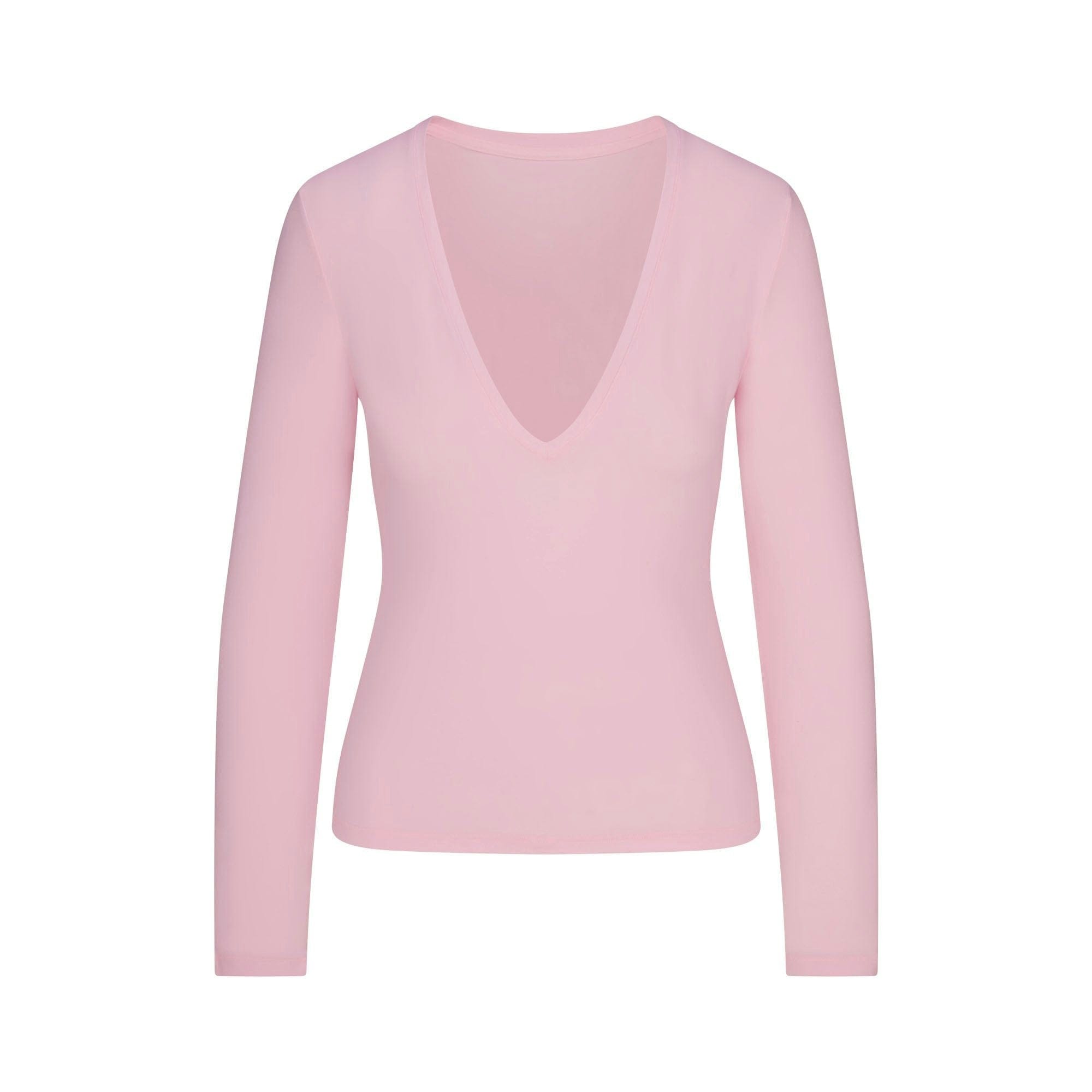 Skims Cotton Jersey Long Sleeve Plunge Top Cherry Blossom