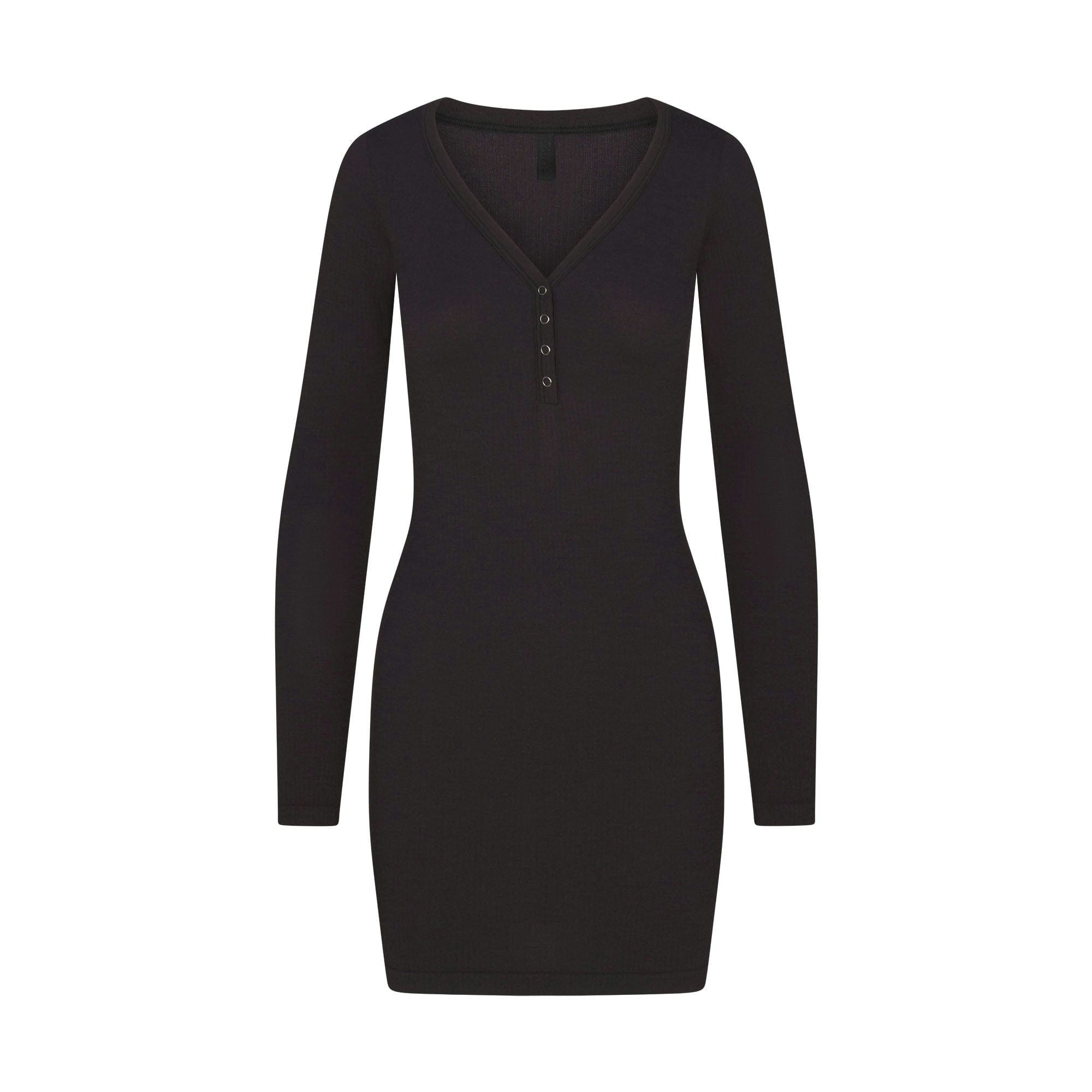 Skims Wool Rib Henley Dress Obsidian