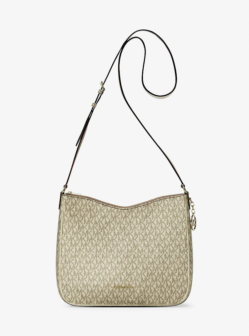 Michael Kors Nayla Medium Metallic Signature Logo Messenger Bag Pale Gold