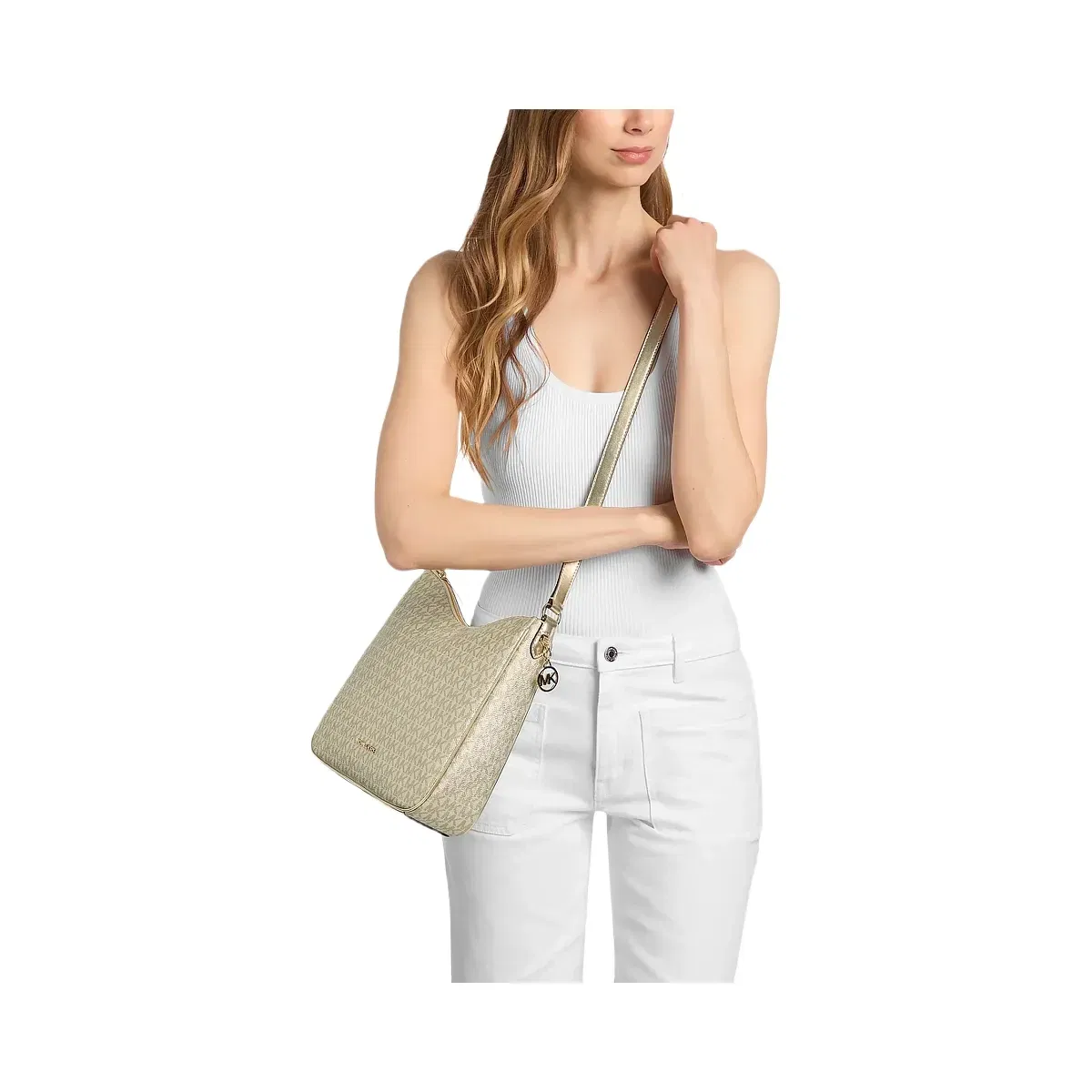 Michael Kors Nayla Medium Metallic Signature Logo Messenger Bag Pale Gold