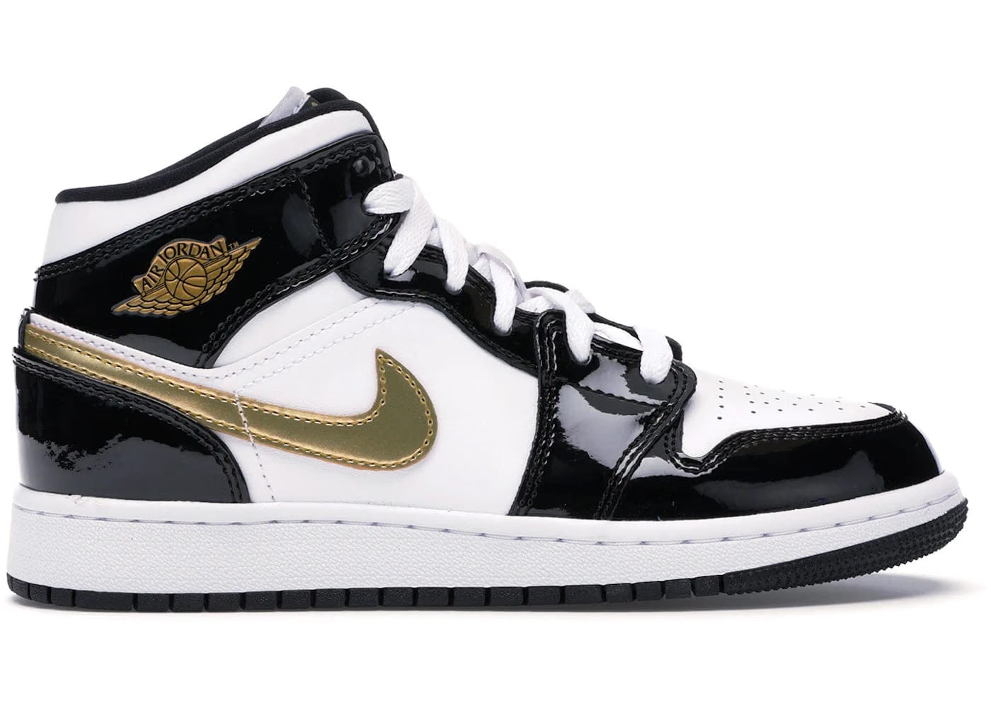 Jordan 1 Mid Patent Black White Gold Gs