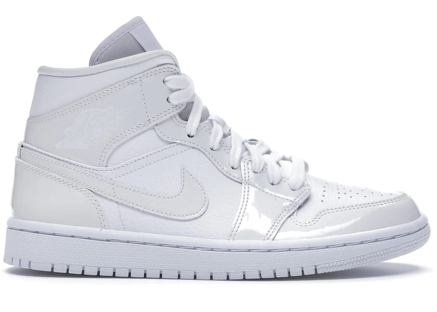 Jordan 1 Mid Triple White Patent Swoosh Womens