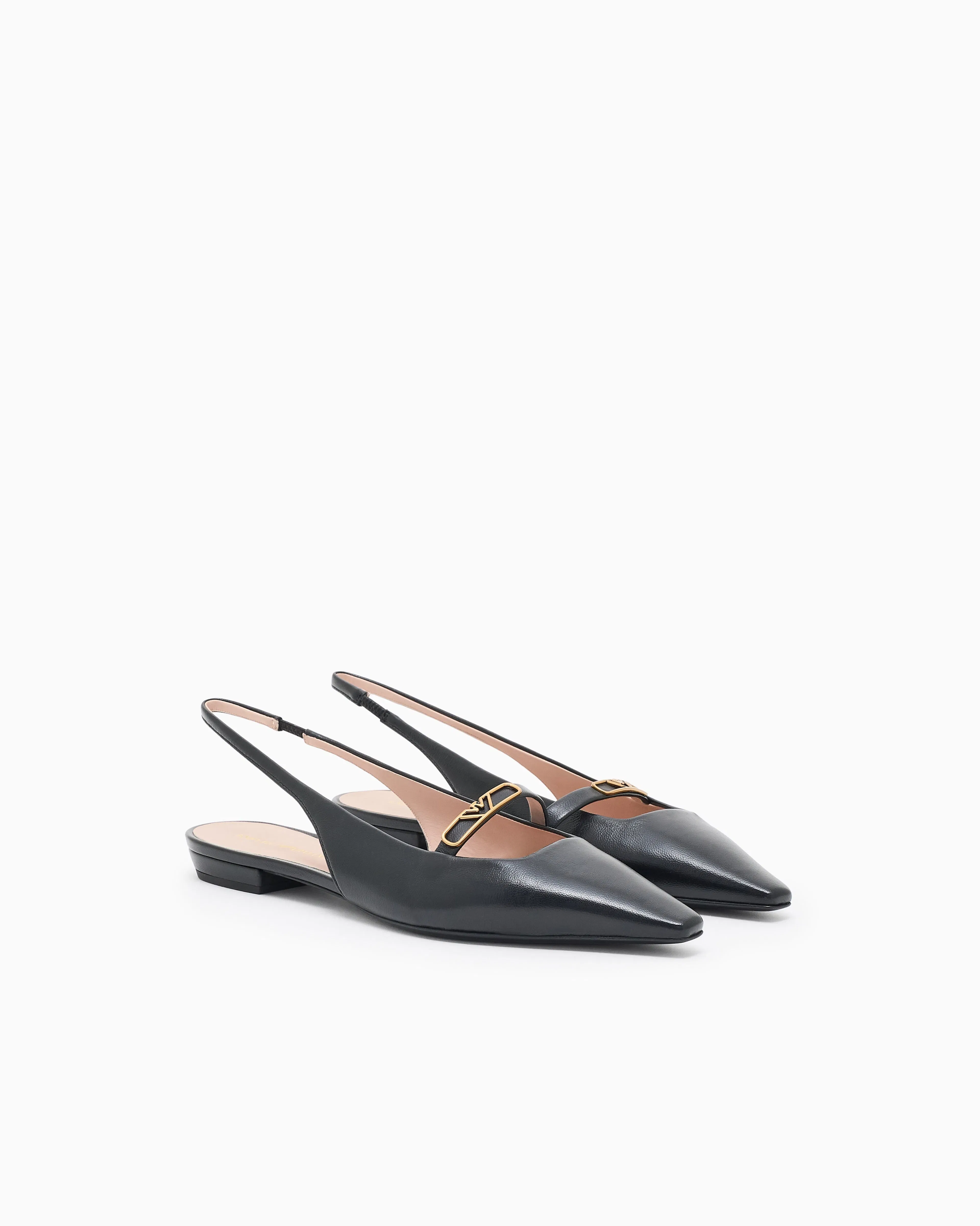 Emporio Armani Nappa-Leather Slingback Ballerinas With Eagle Plate Black