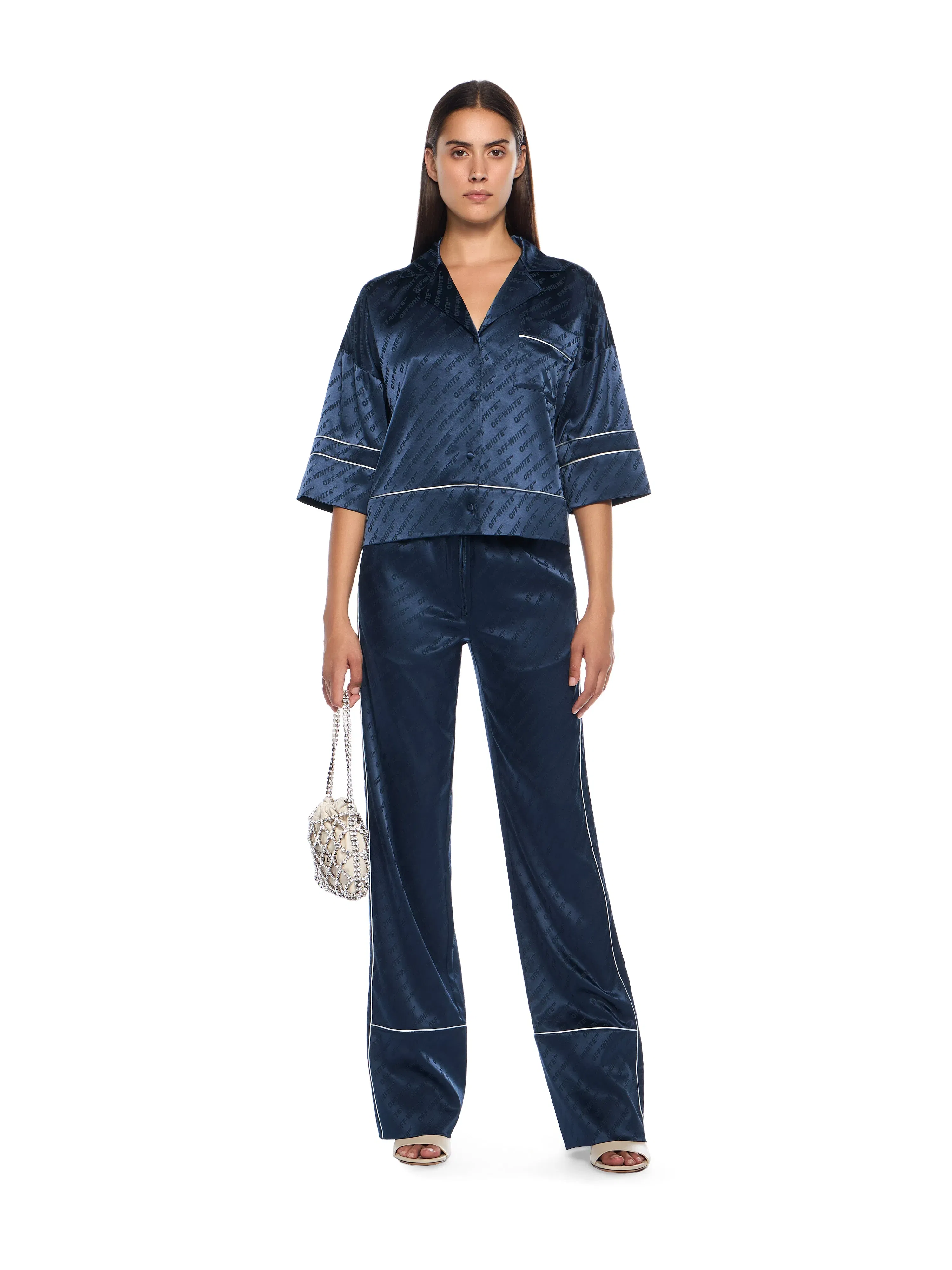 Off - White Jacquard Satin Pajama Pants Blue
