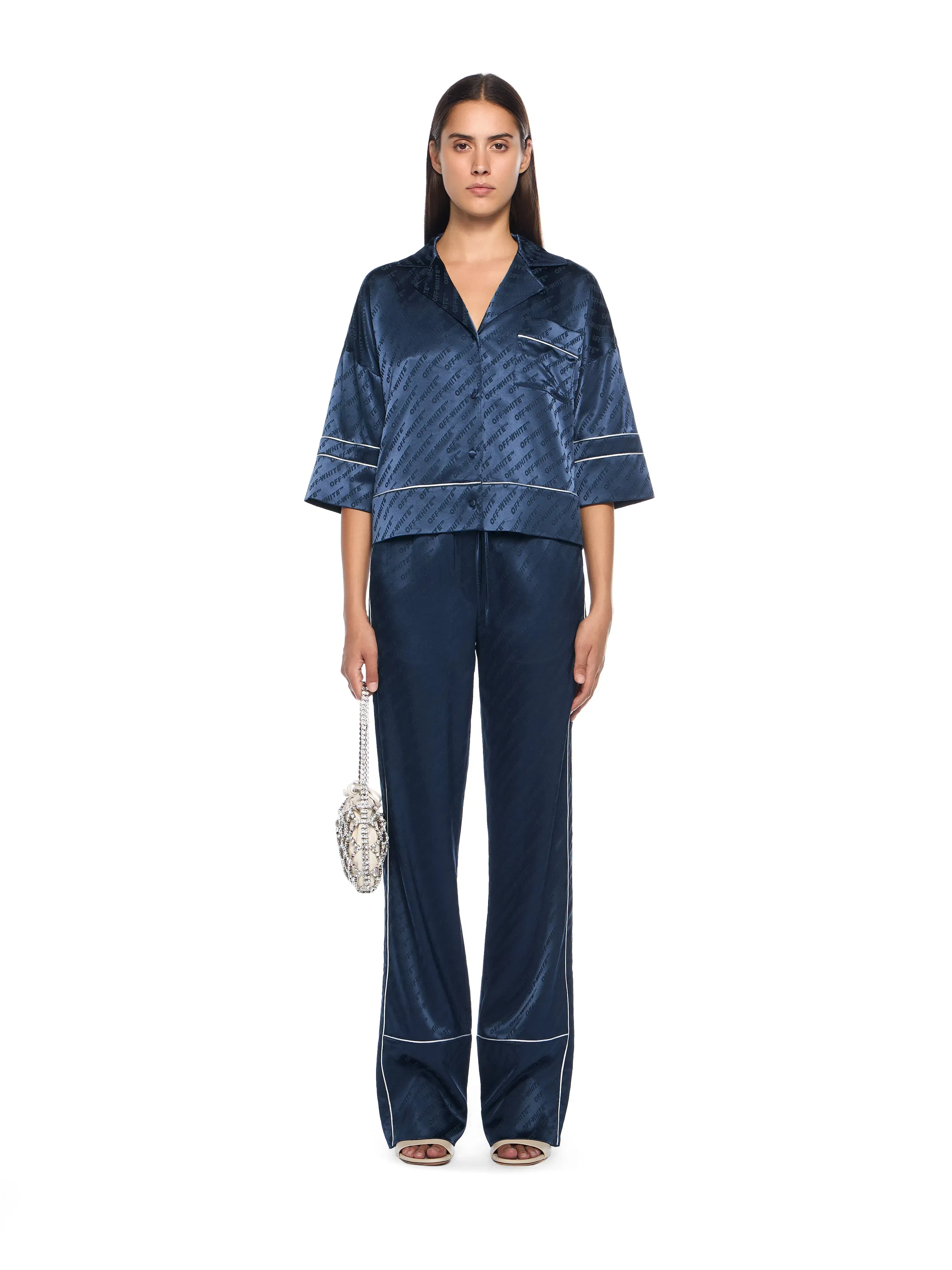 Off - White Jacquard Satin Pajama Shirt Blue