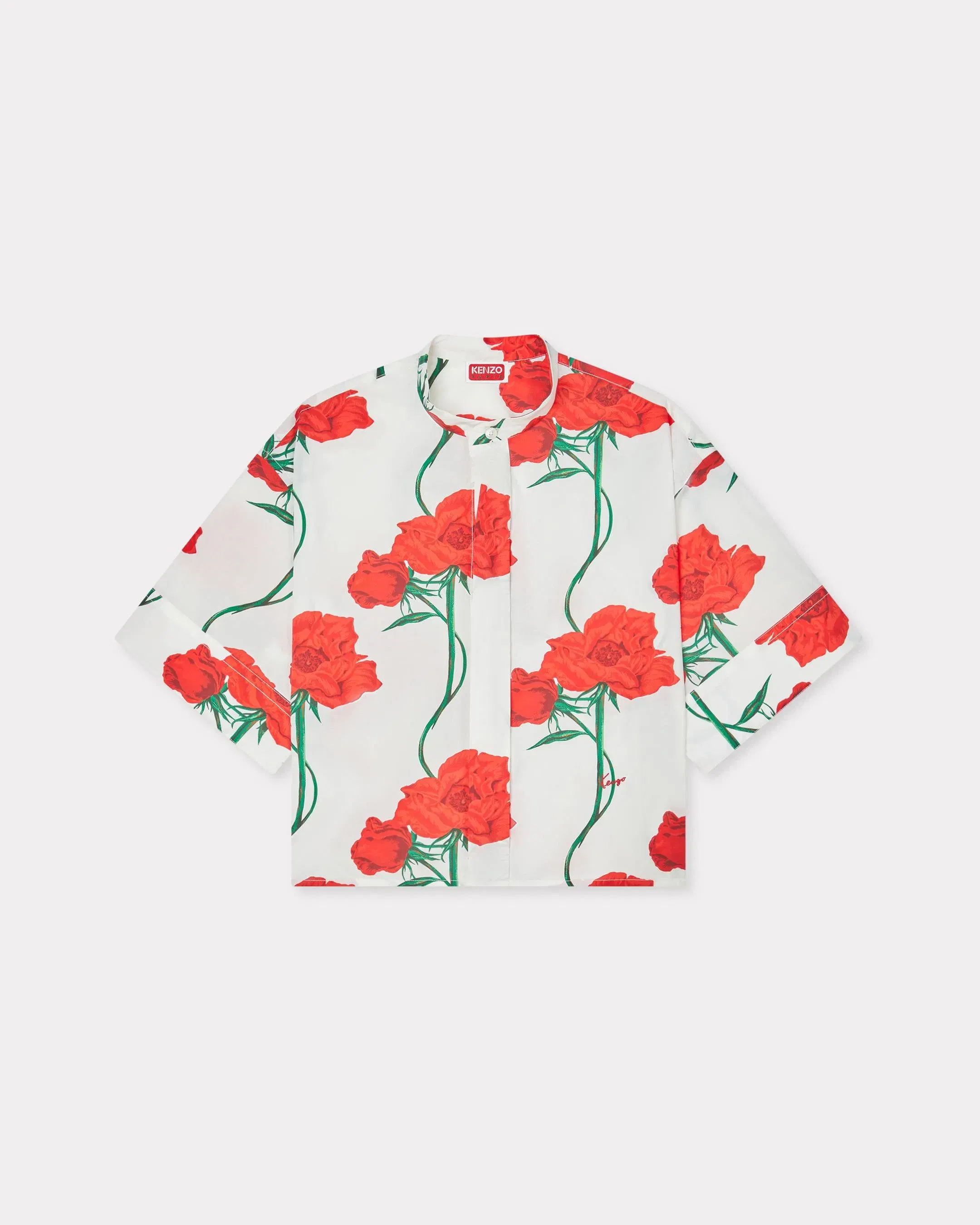 Kenzo Archive Rose Short Sleeve Shirt In Cotton Poplin White Women's