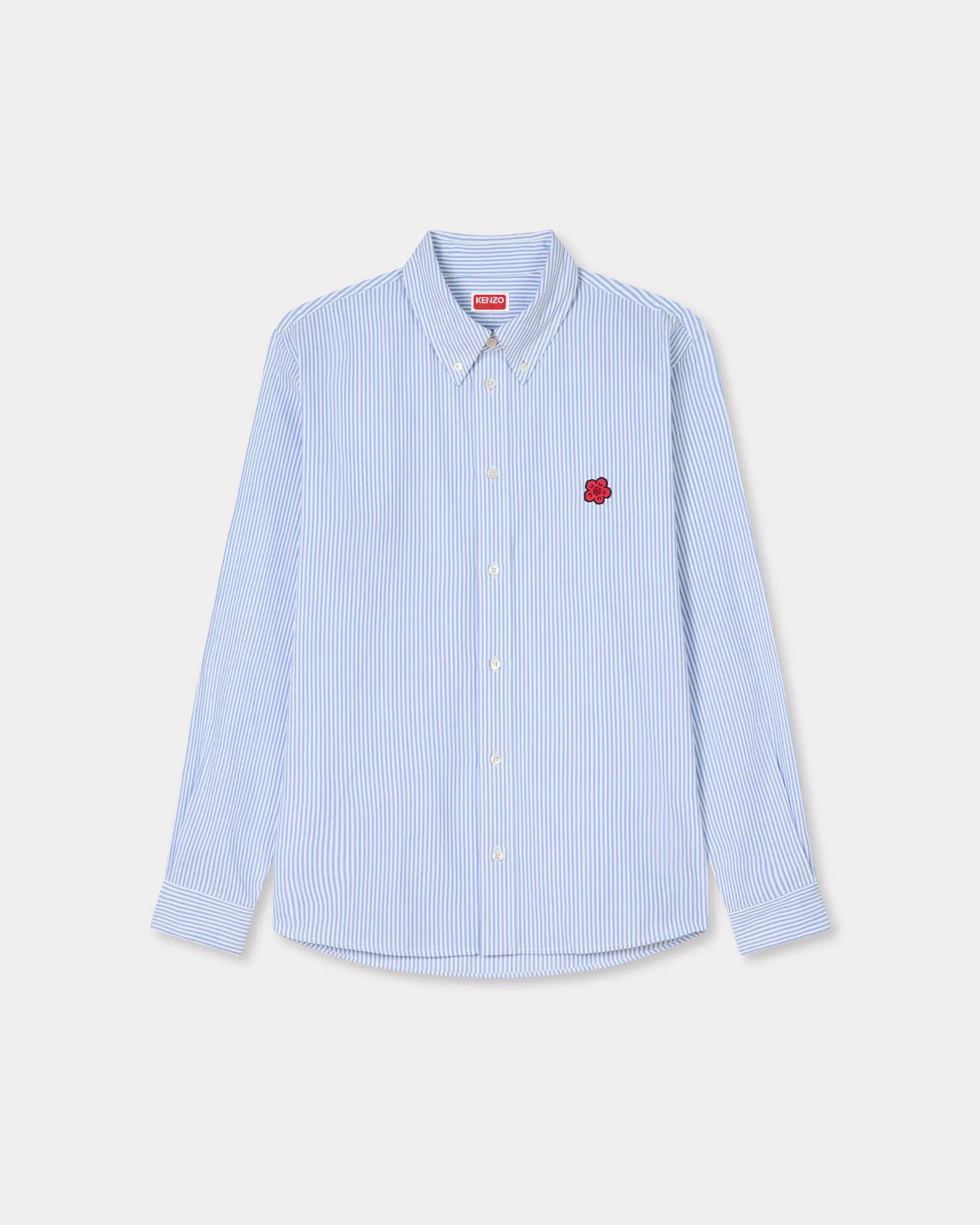 Kenzo Boke Flower Embroidered Casual Shirt In Seersucker Cotton Blue