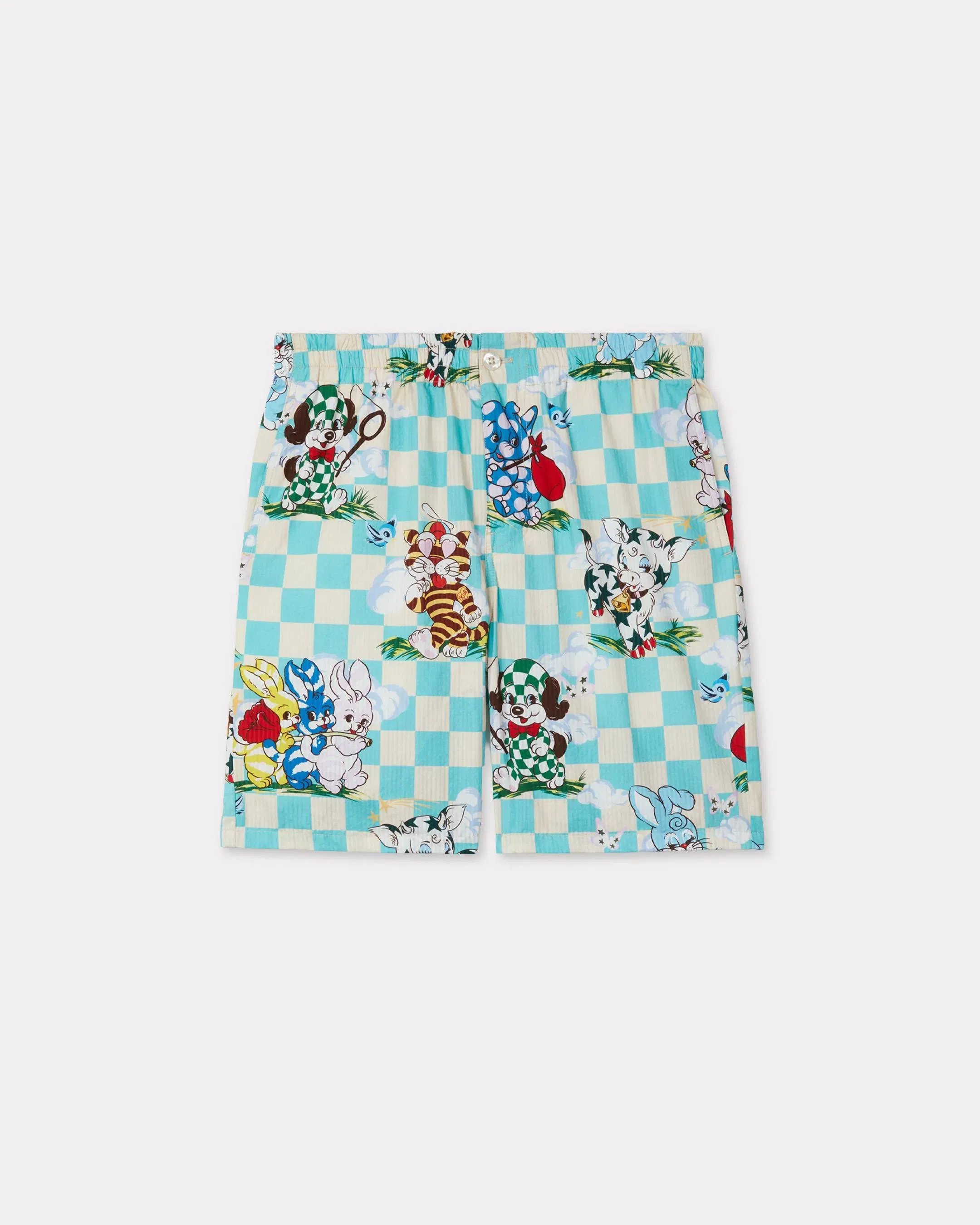 Kenzo Cartoon Elasticated Shorts In Cotton Seersucker Blue