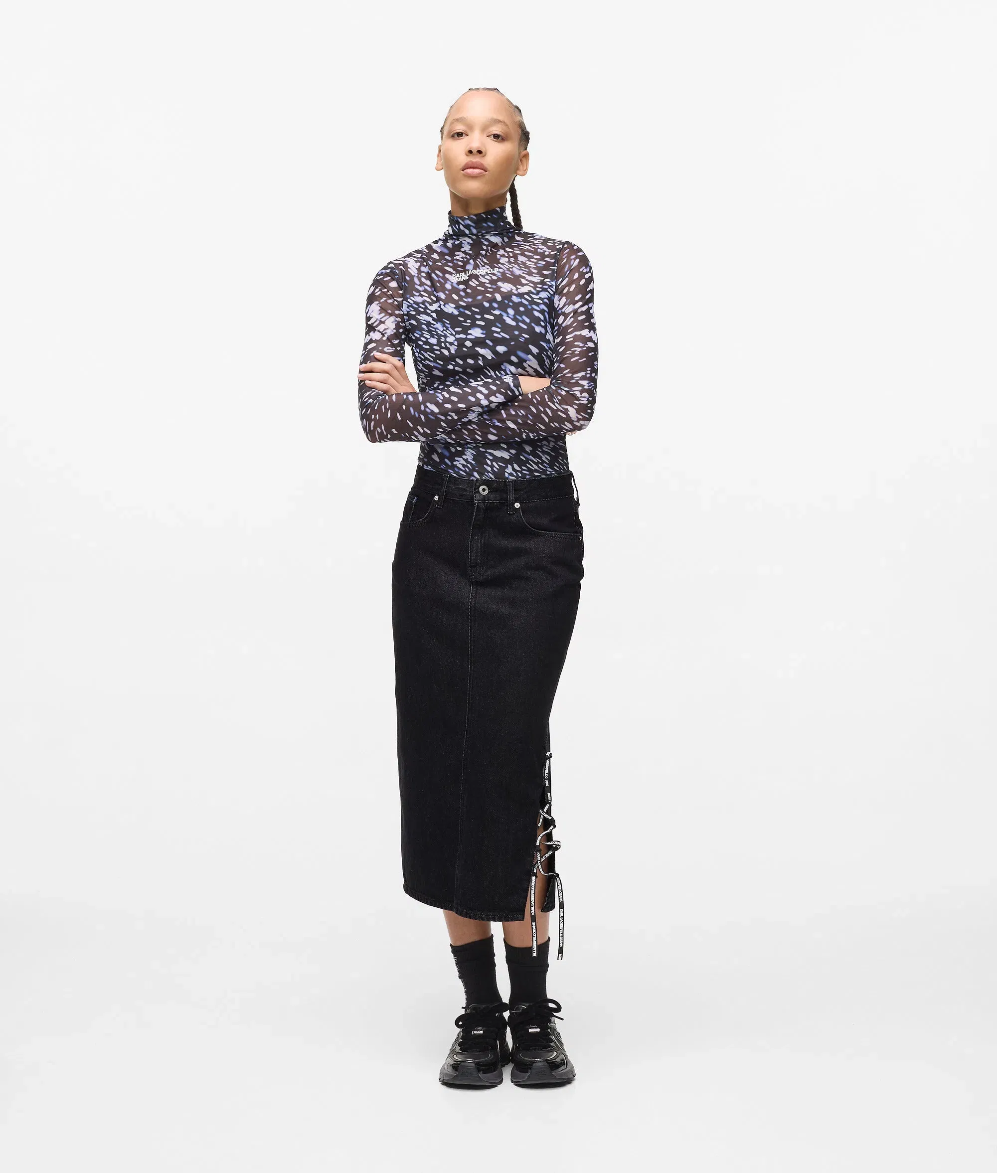 Karl Lagerfeld Lace - Up Midi Denim Skirt Stone Washed Black