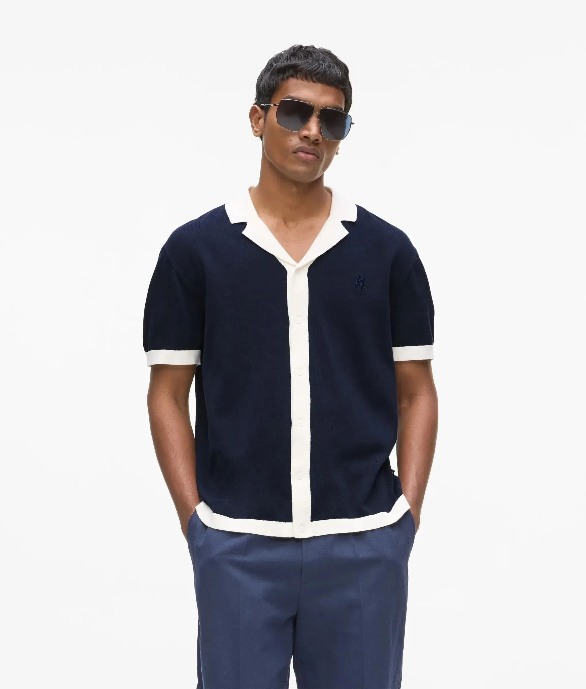 Karl Lagerfeld Monogram Knitted Polo Shirt Peacoat