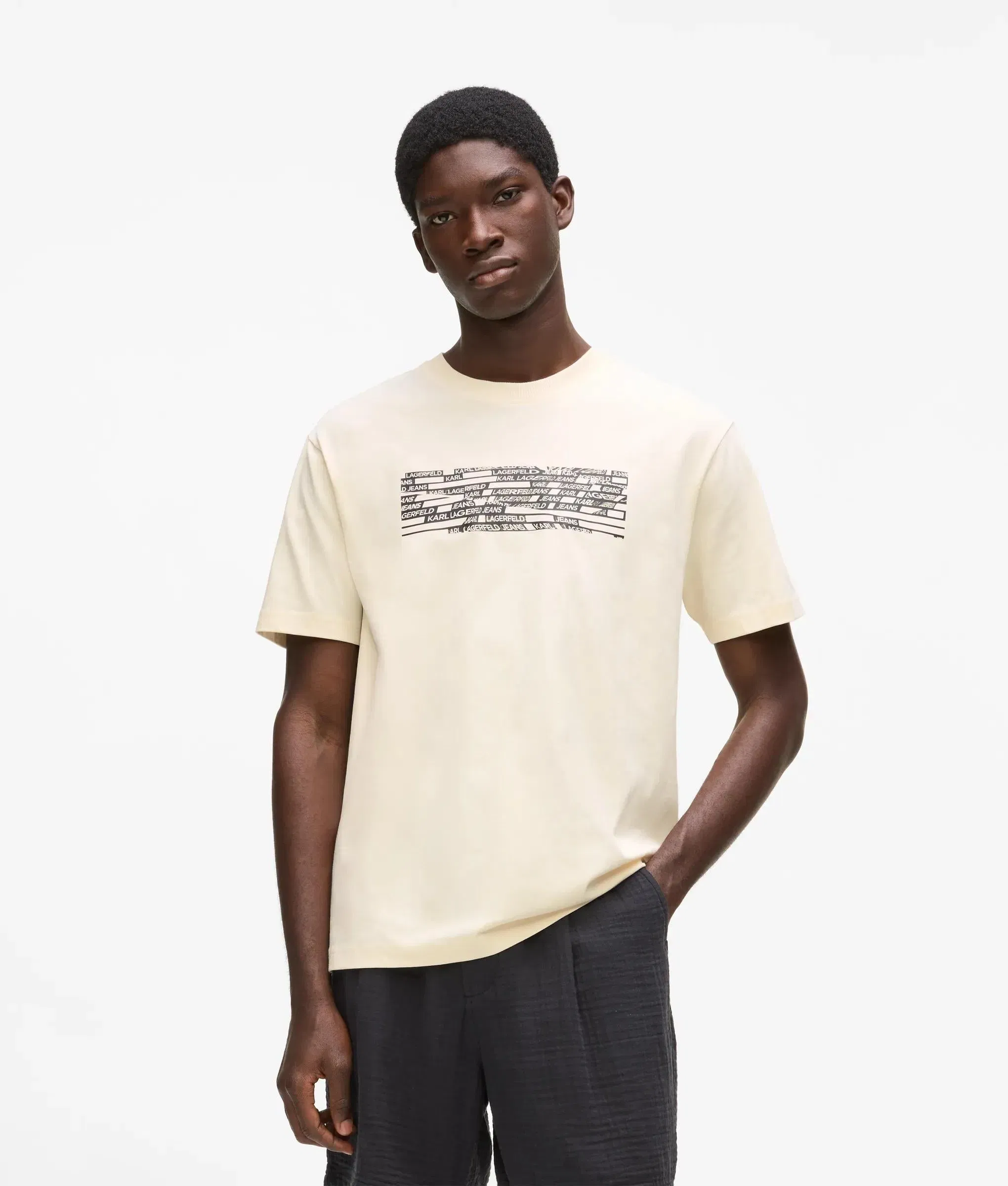 Karl Lagerfeld Stripe Logo T - Shirt Whitecap Grey