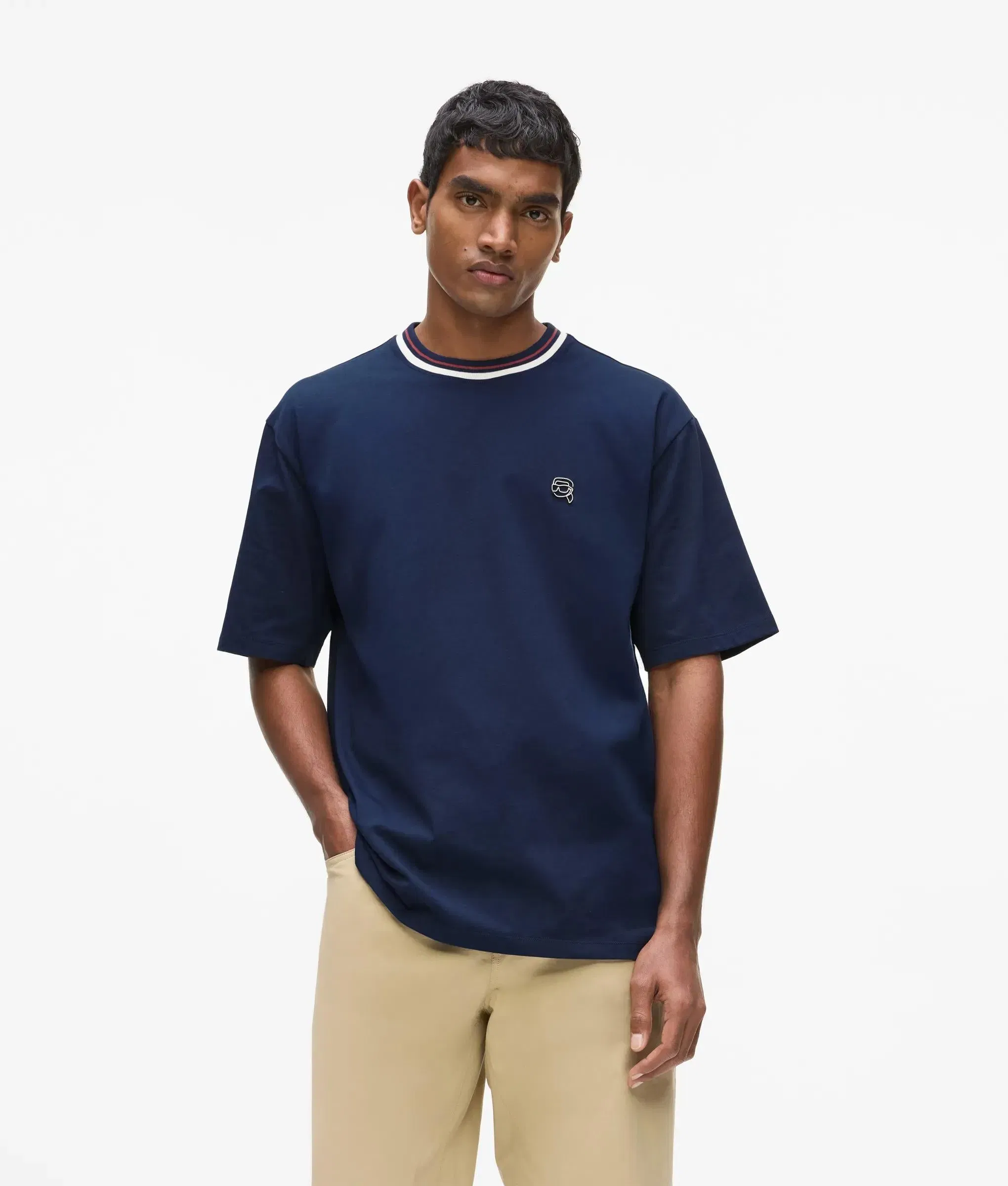Karl Lagerfeld Ikon Striped Neck T - Shirt Medieval Blue