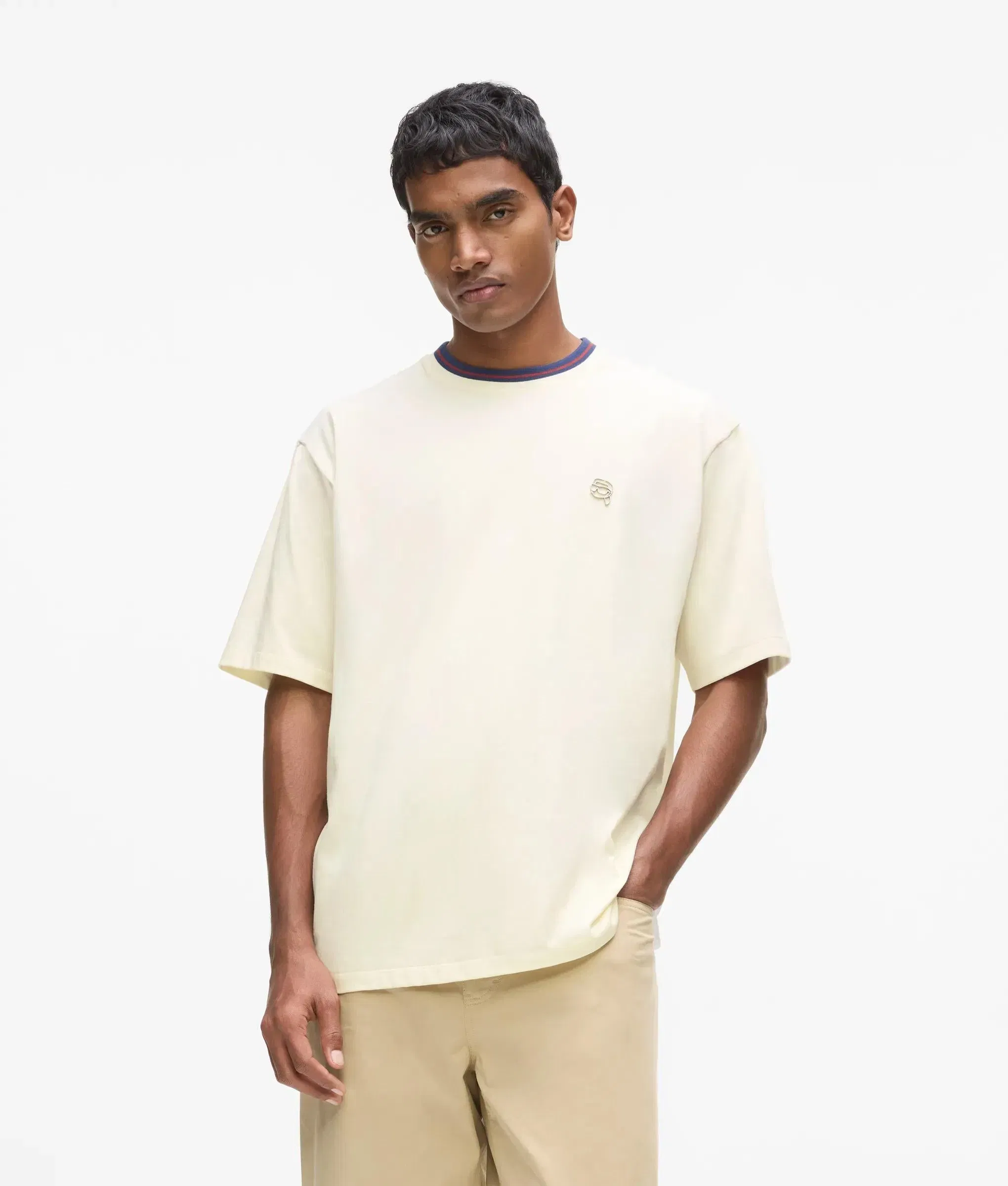 Karl Lagerfeld Ikon Striped Neck T - Shirt Cannoli Cream