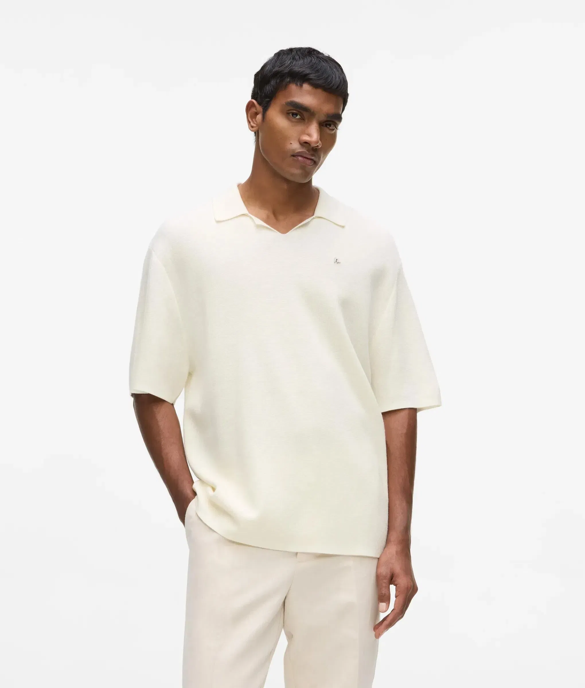Karl Lagerfeld Knitted Boxy Polo Shirt Cannoli Cream