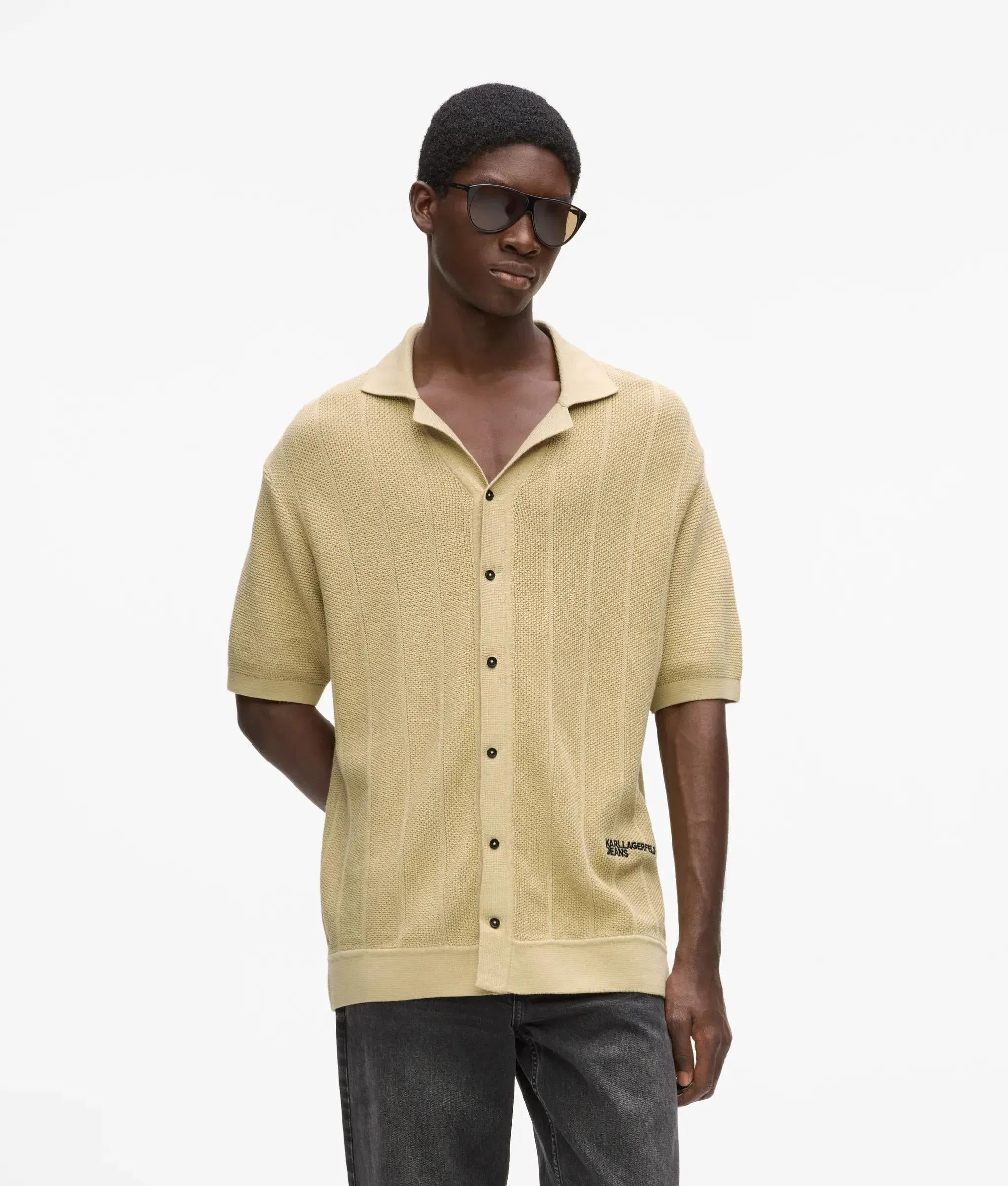 Karl Lagerfeld Short - Sleeved Knit Polo Shirt Pale Khaki