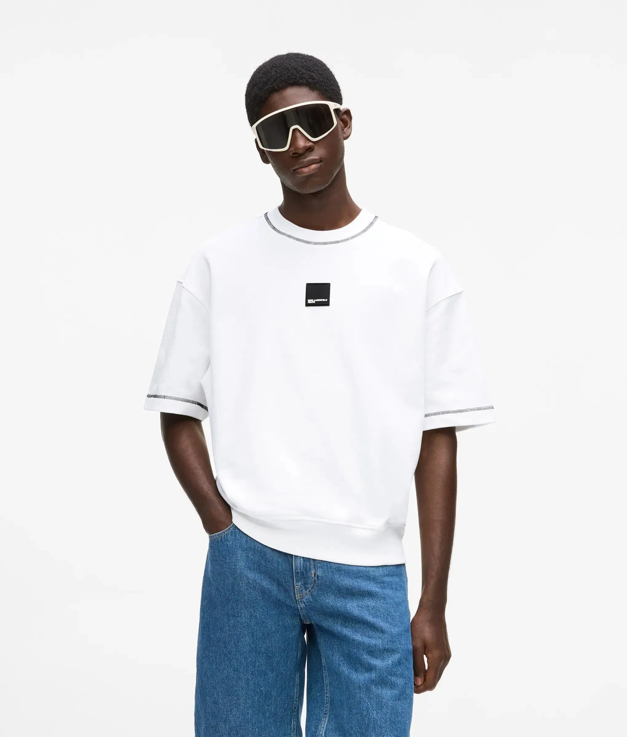 Karl Lagerfeld Short - Sleeved Contrast Stitch Sweatshirt White