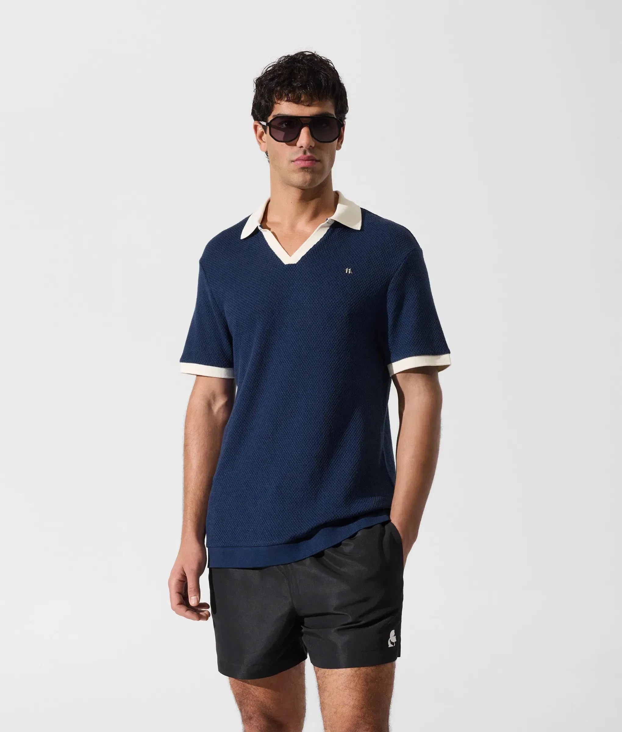Karl Lagerfeld Metal Monogram Crochet Polo Shirt Medieval Blue