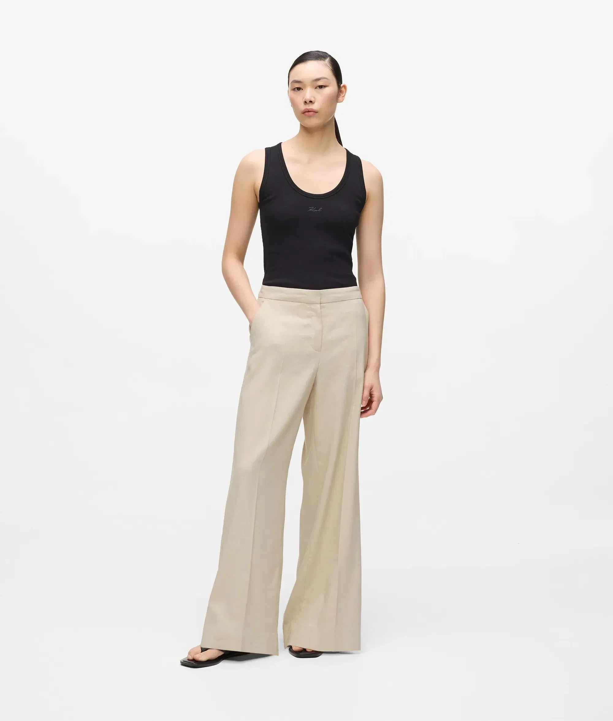 Karl Lagerfeld Wide Leg Linen Blend Pants Safari
