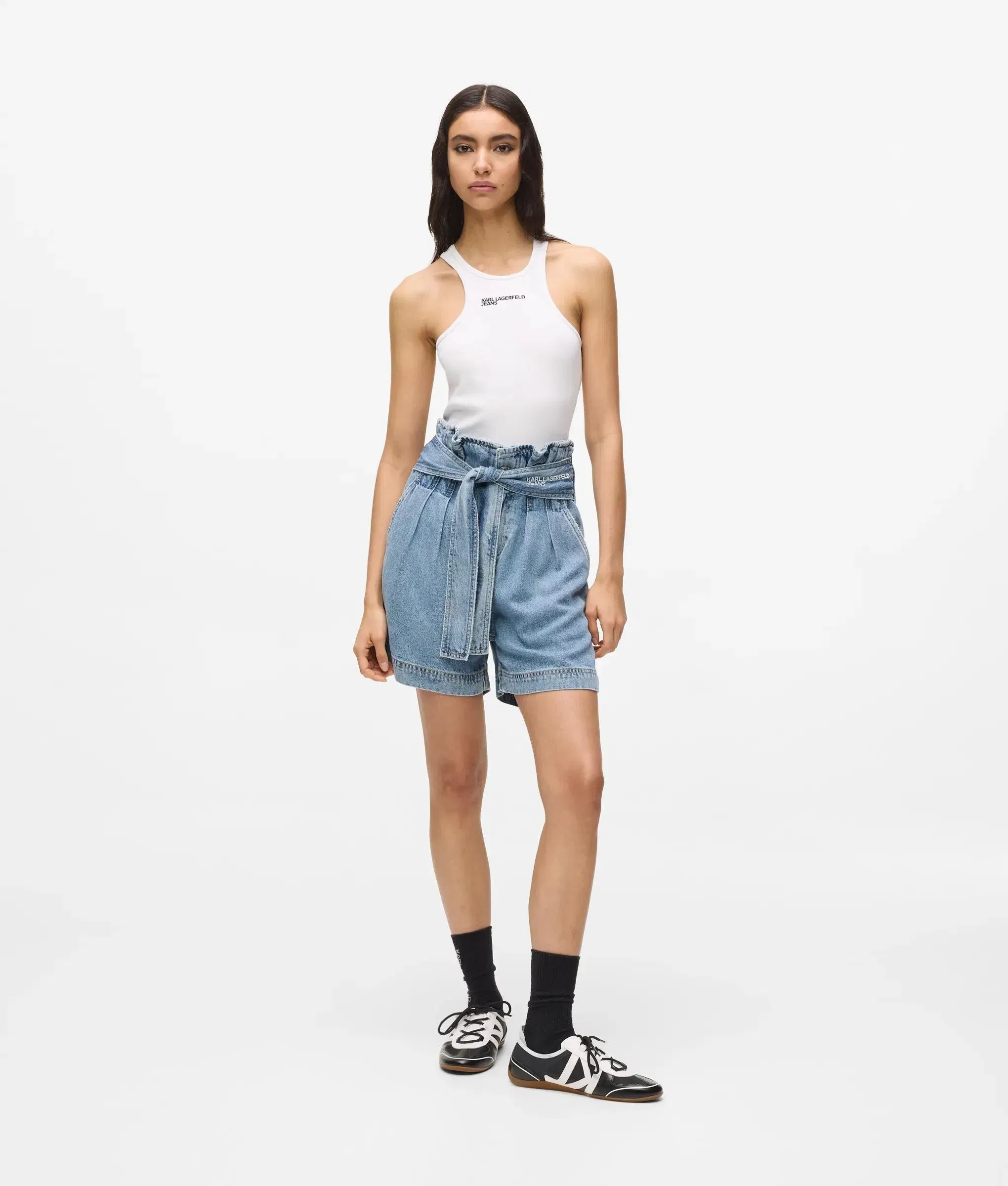 Karl Lagerfeld High - Rise Belted Denim Shorts Washed Mid Blue