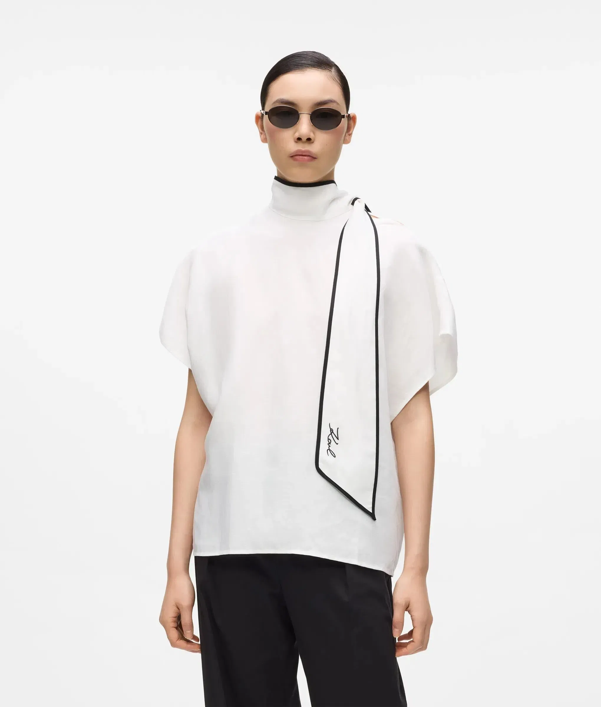 Karl Lagerfeld Linen Blend Pipelined Blouse Pristine