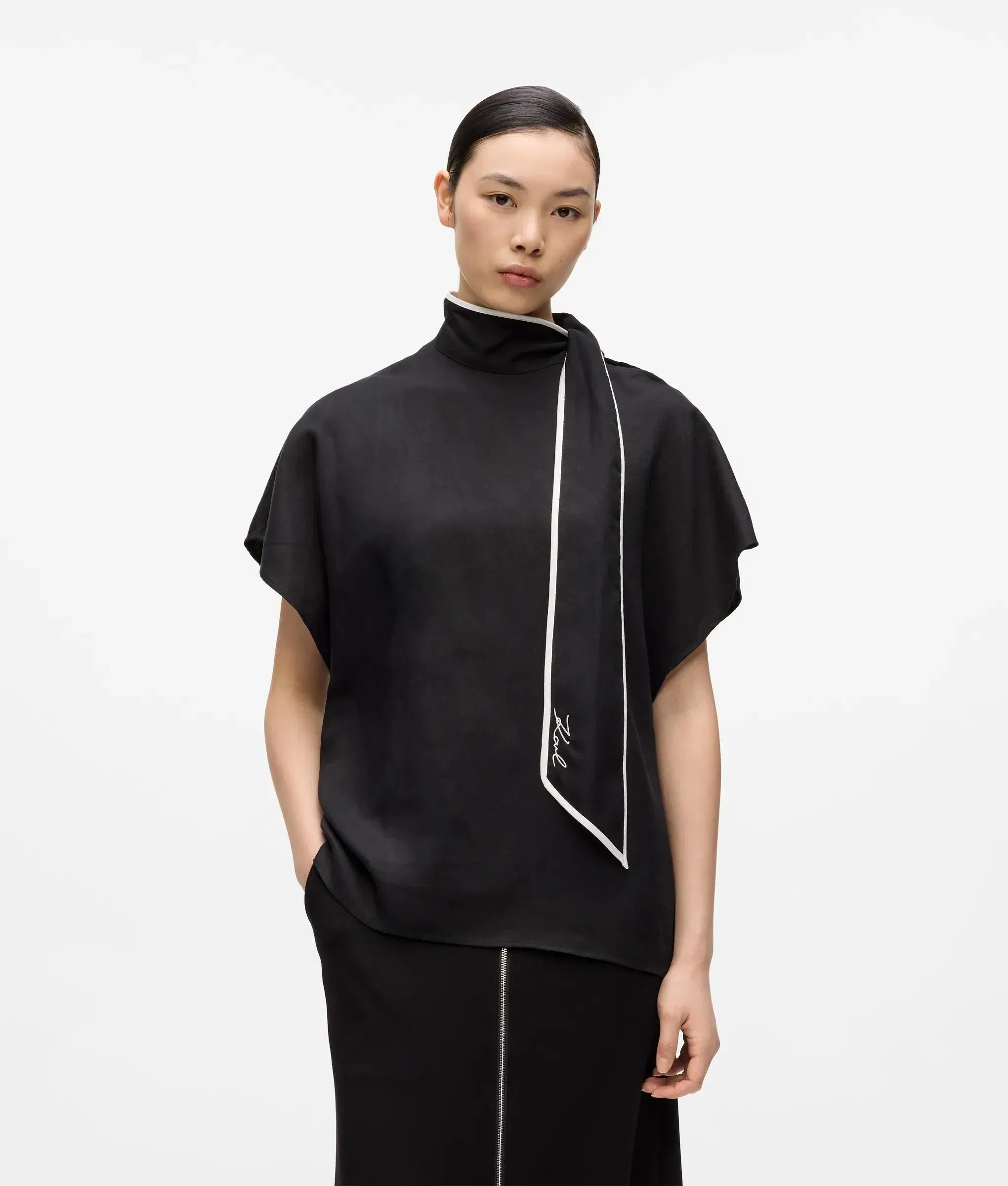 Karl Lagerfeld Linen Blend Pipelined Blouse Black