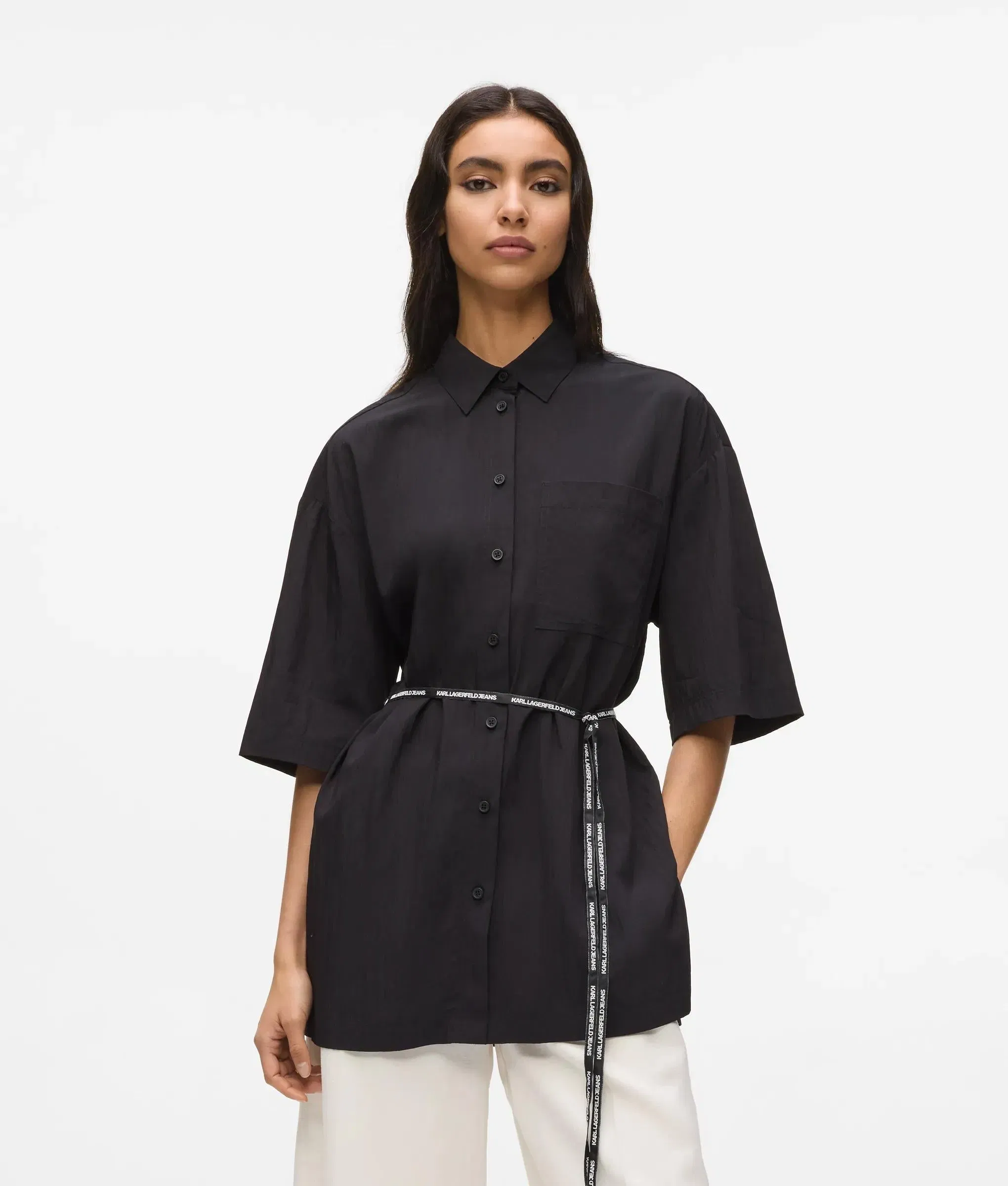 Karl Lagerfeld Short - Sleeved Tie Waist Shirt Black