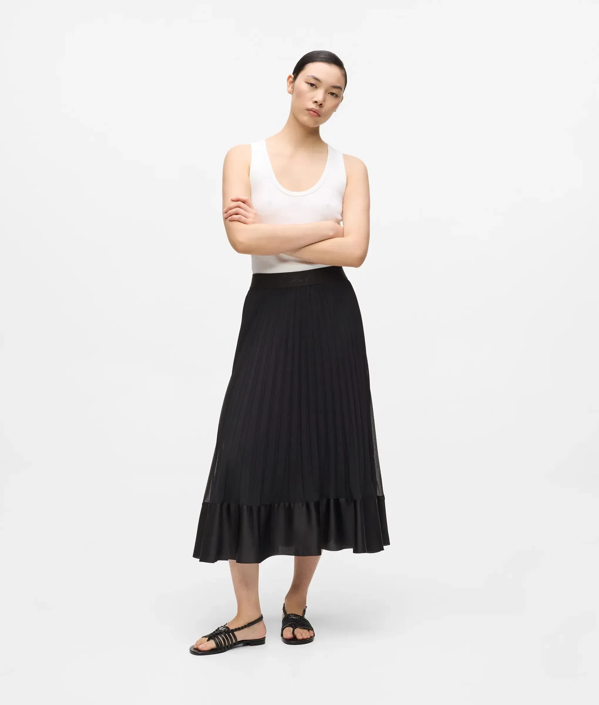 Karl Lagerfeld Satin Pleated Skirt Black