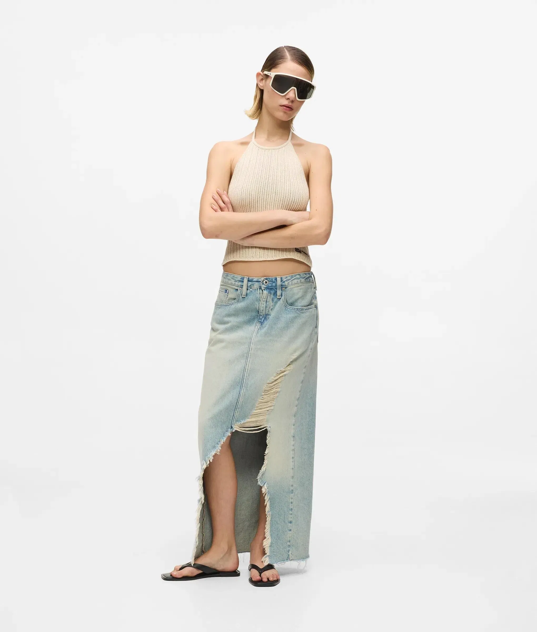 Karl Lagerfeld Distressed Denim Maxi Skirt Tinted Washed Blue