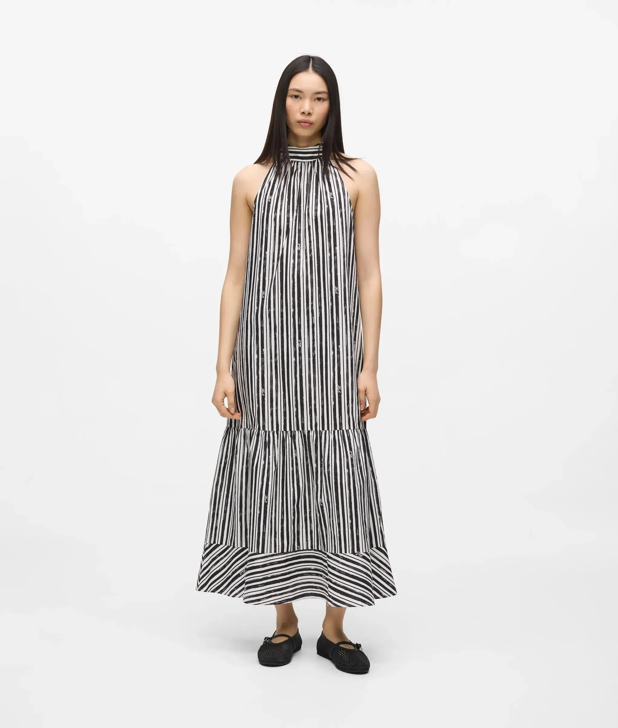 Karl Lagerfeld Striped Halterneck Maxi Dress Black Stripes