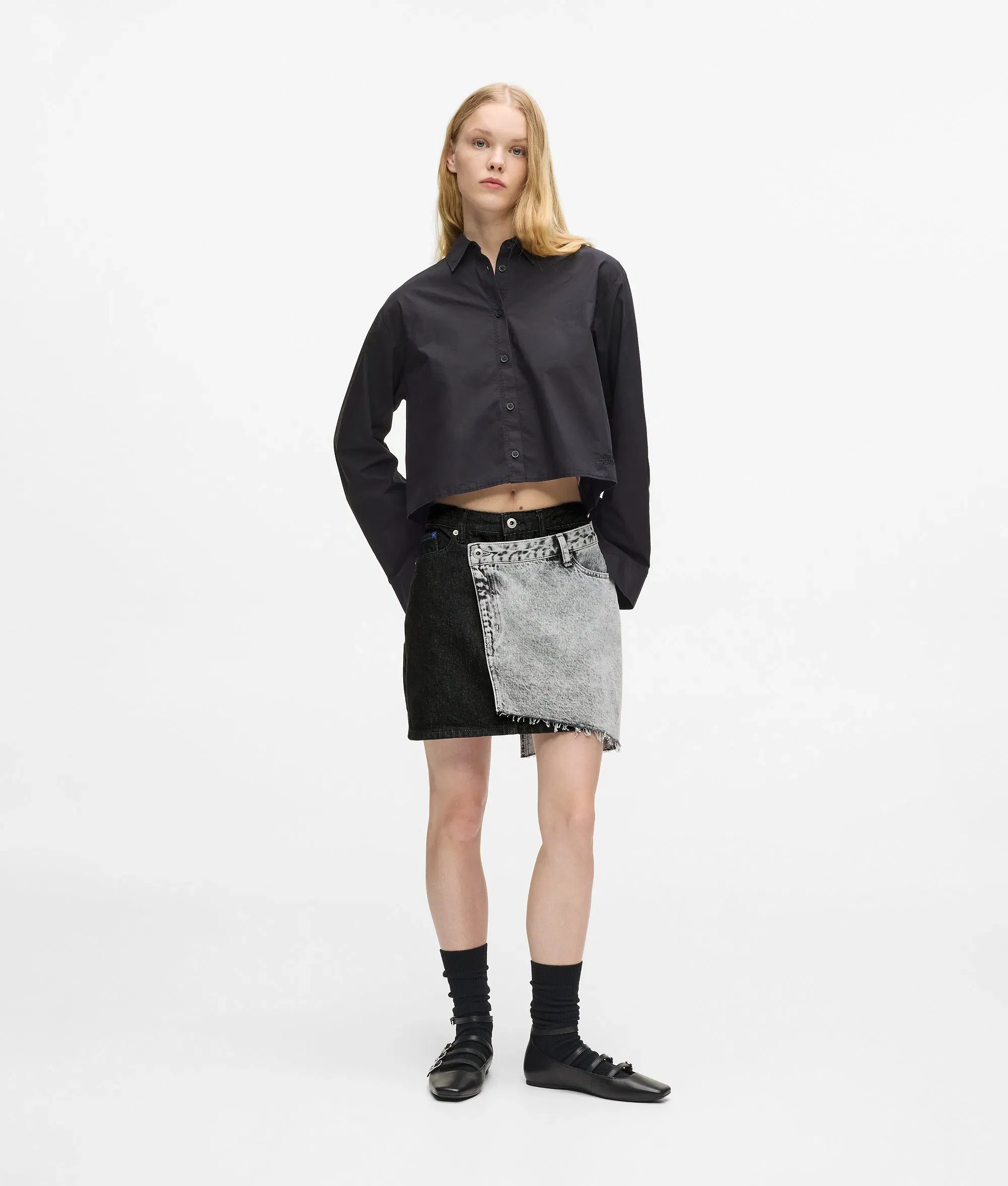Karl Lagerfeld Two - Tone Denim Mini Skirt Washed Black Blocked