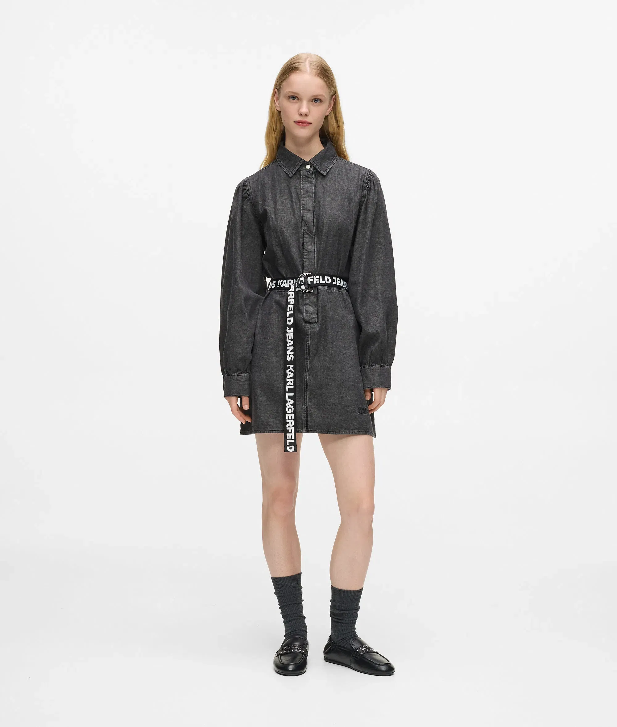 Karl Lagerfeld Belted Denim Dress Washed Black