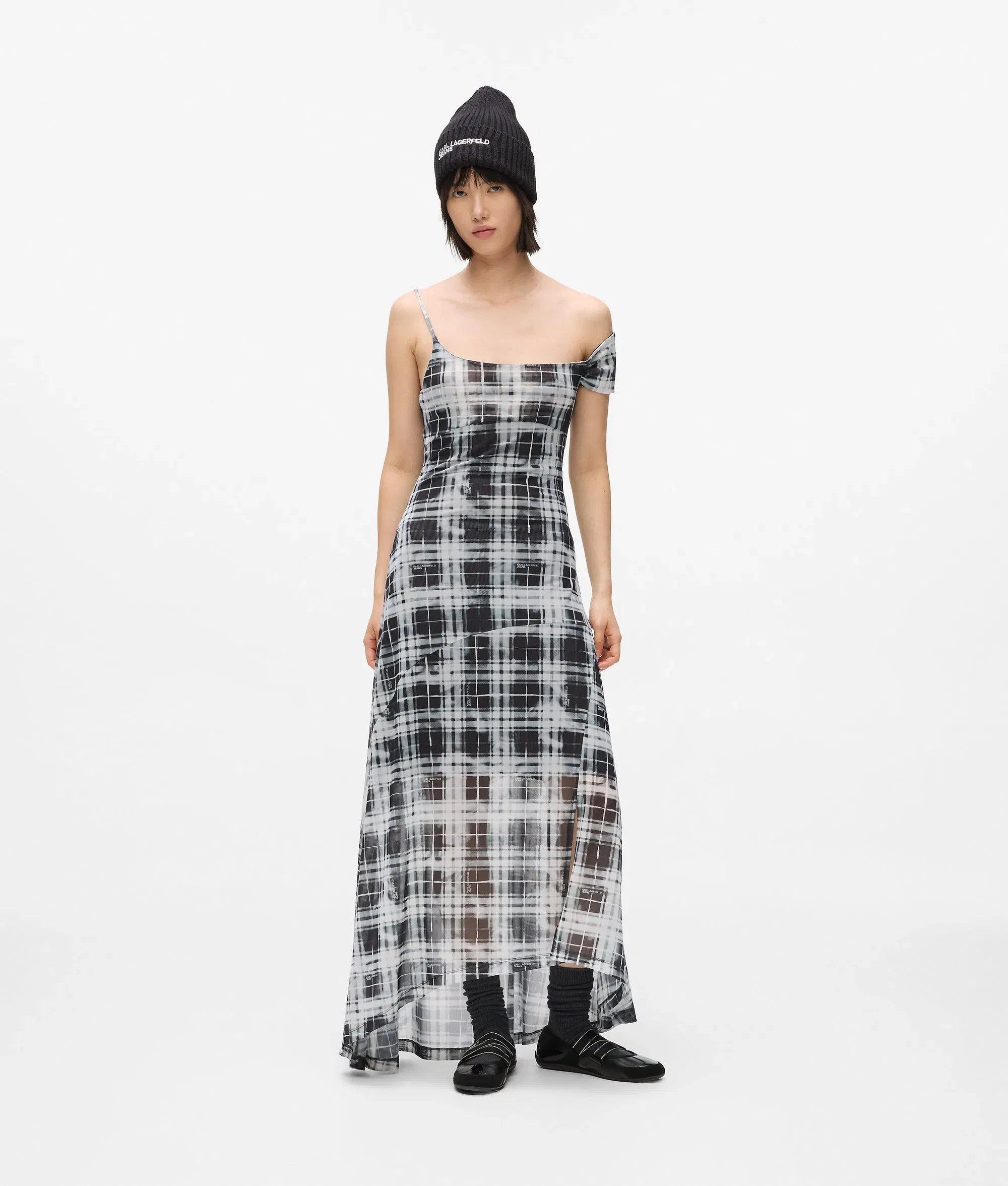 Karl Lagerfeld Checked Mesh Maxi Dress Bleached Check Black All Over Print