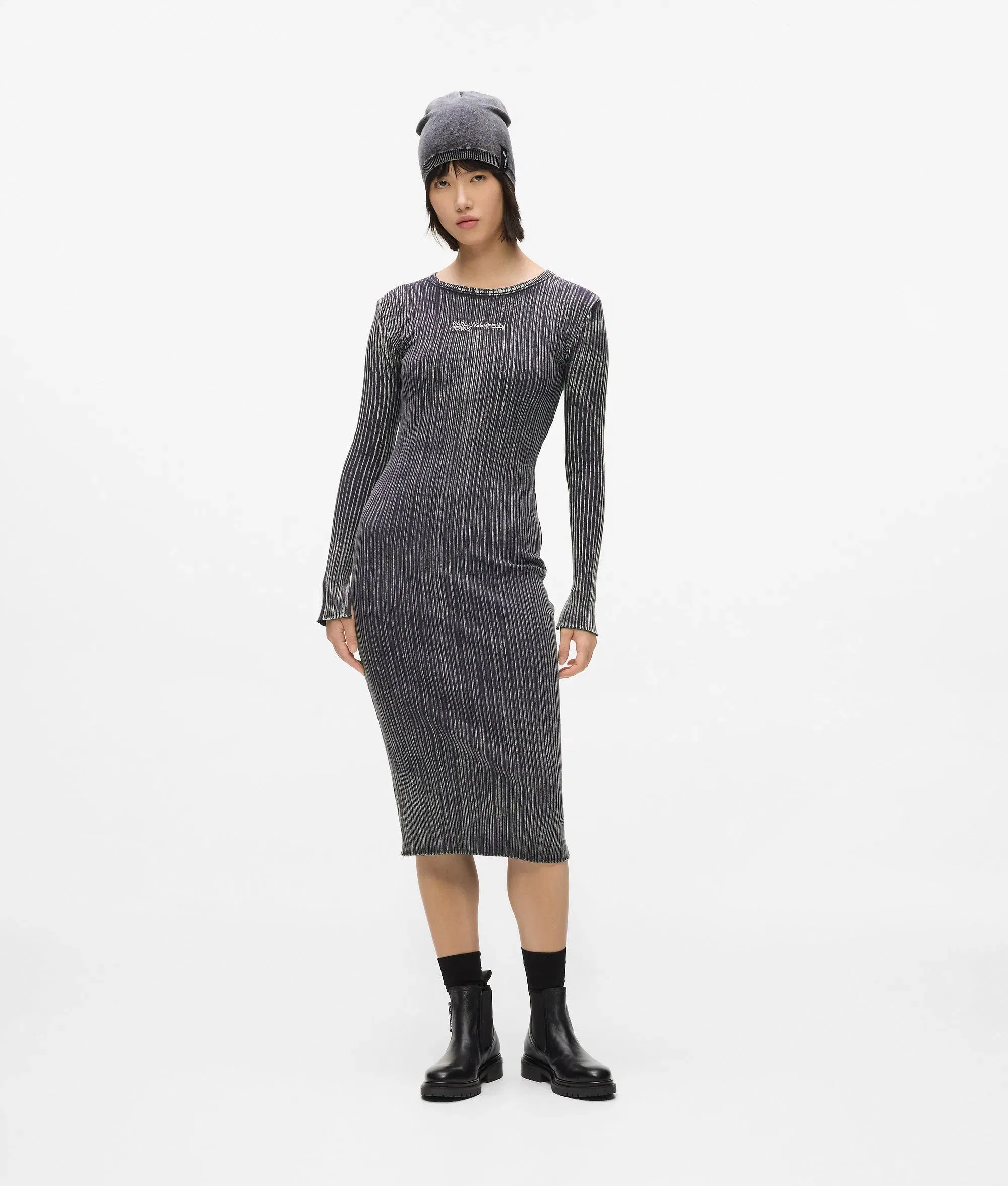Karl Lagerfeld Ribbed Long - Sleeved Dress Washed Black