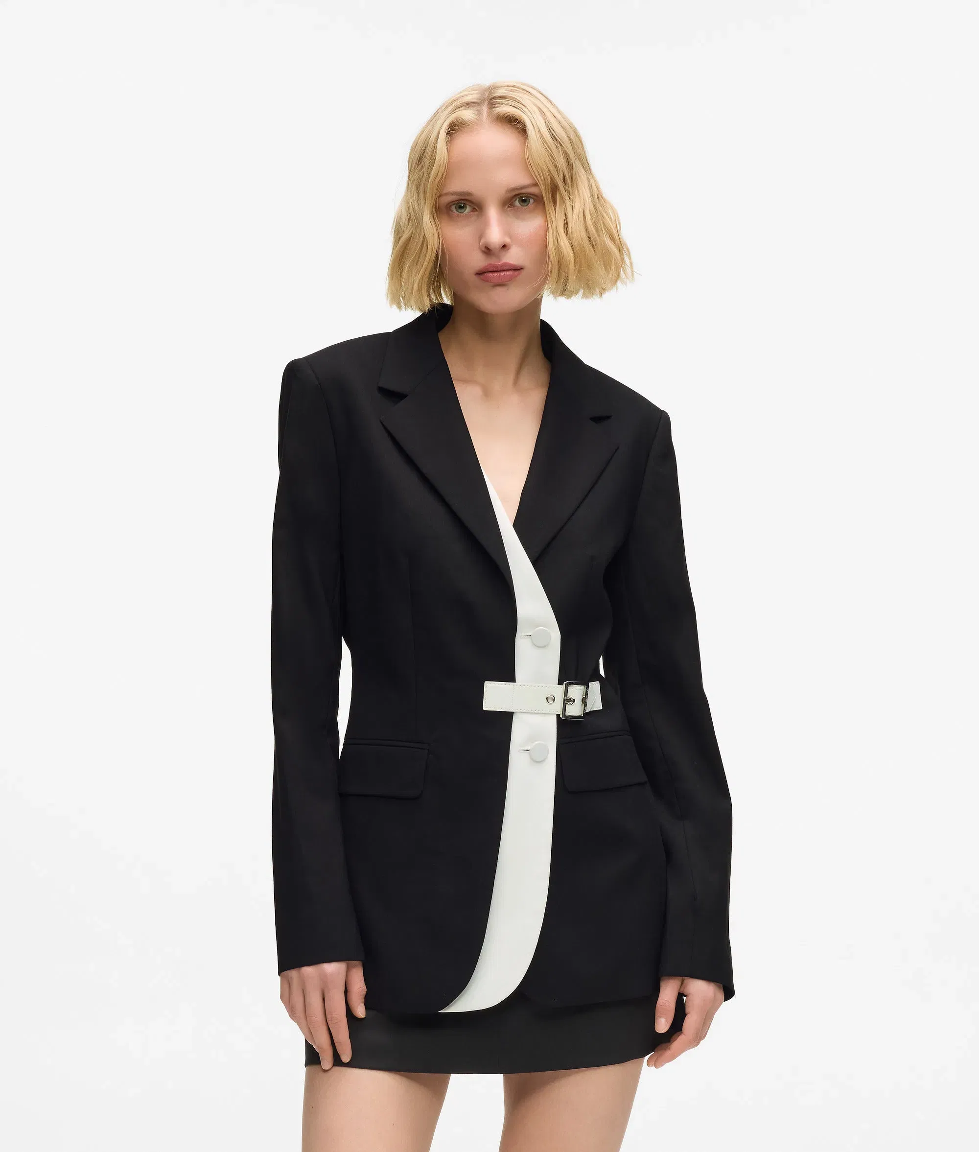 Karl Lagerfeld Belted Contrast Lapel Blazer Black/White