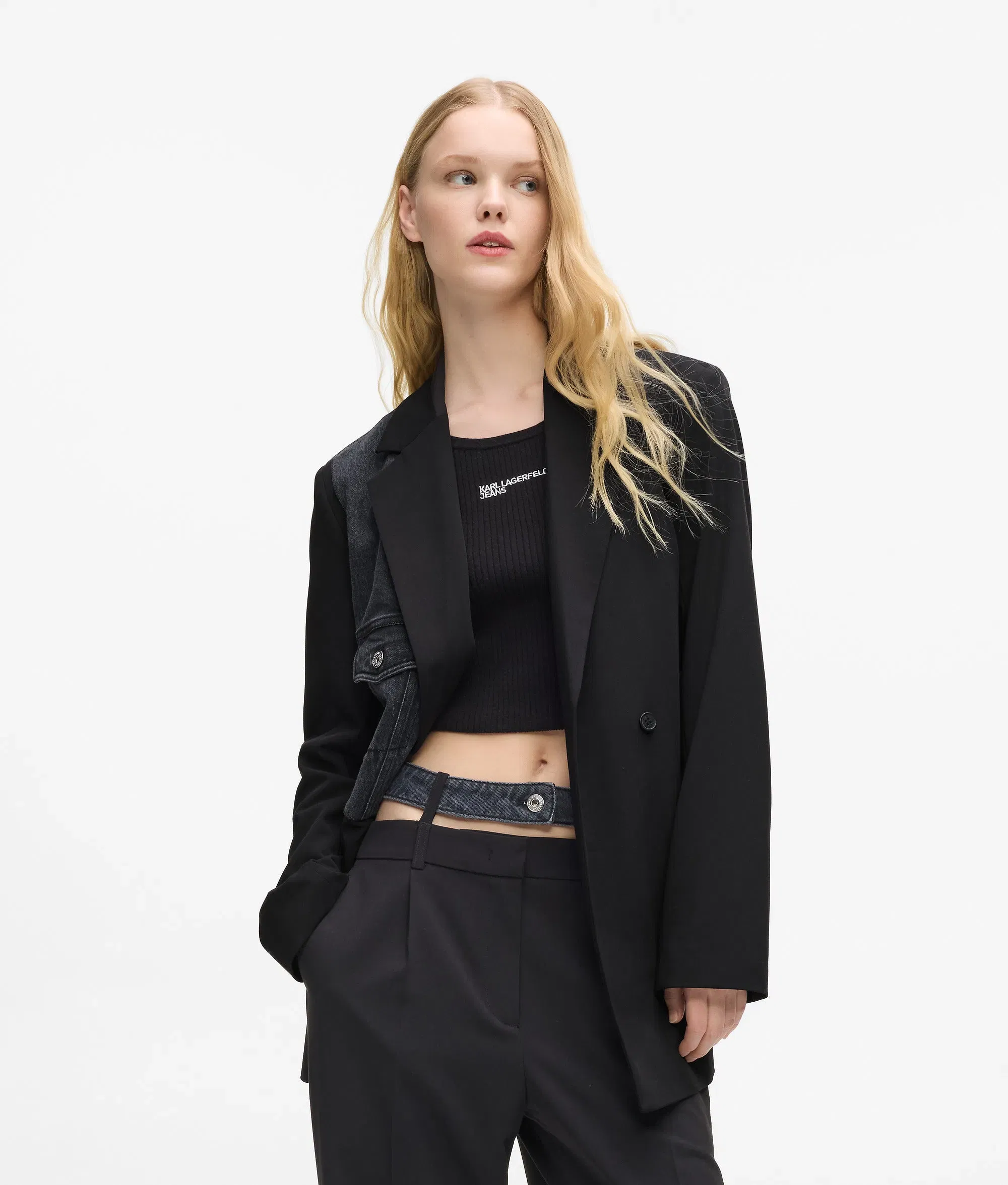 Karl Lagerfeld Denim Panel Blazer Washed Black - Black