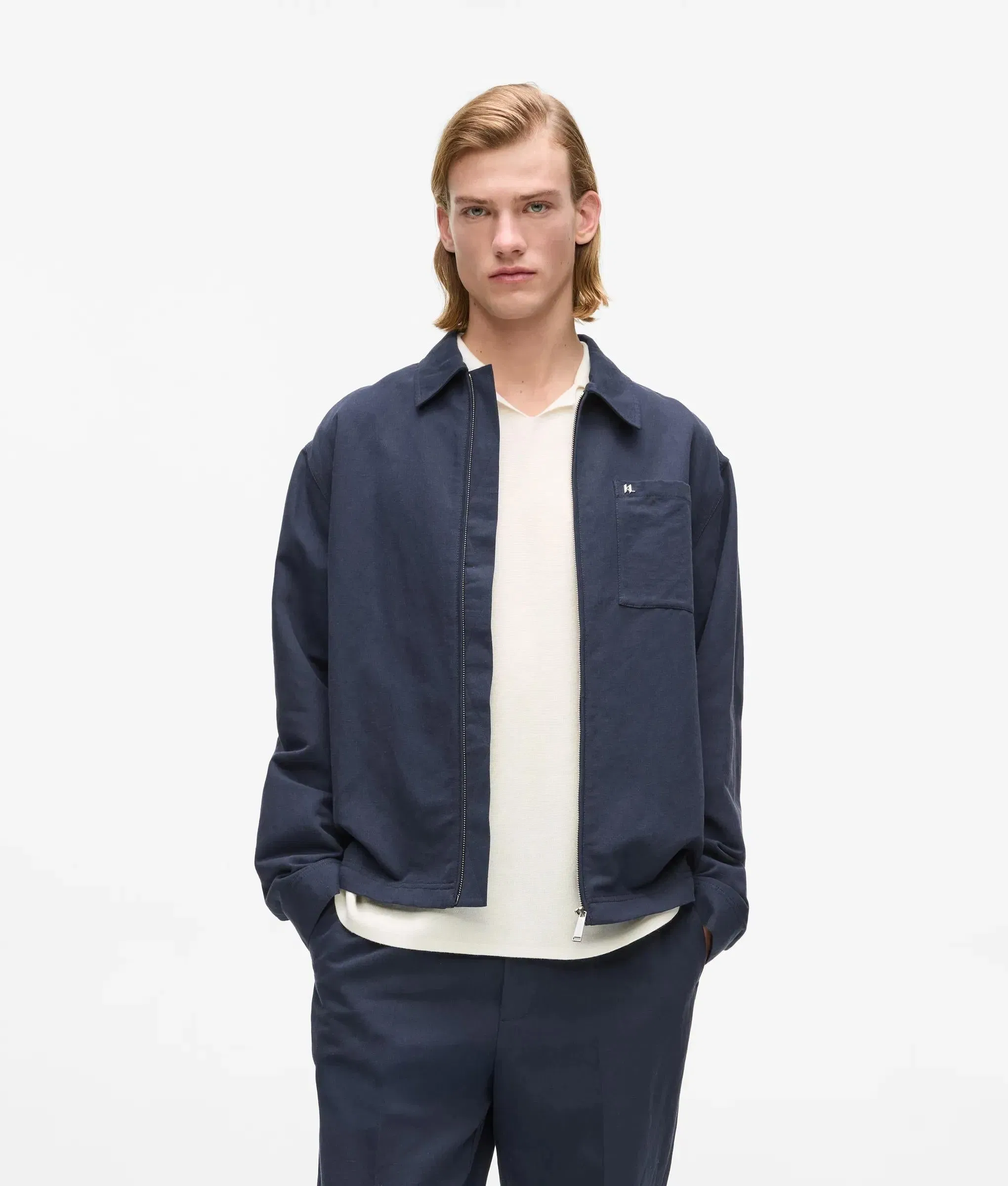 Karl Lagerfeld Linen Zip - Up Jacket Peacoat