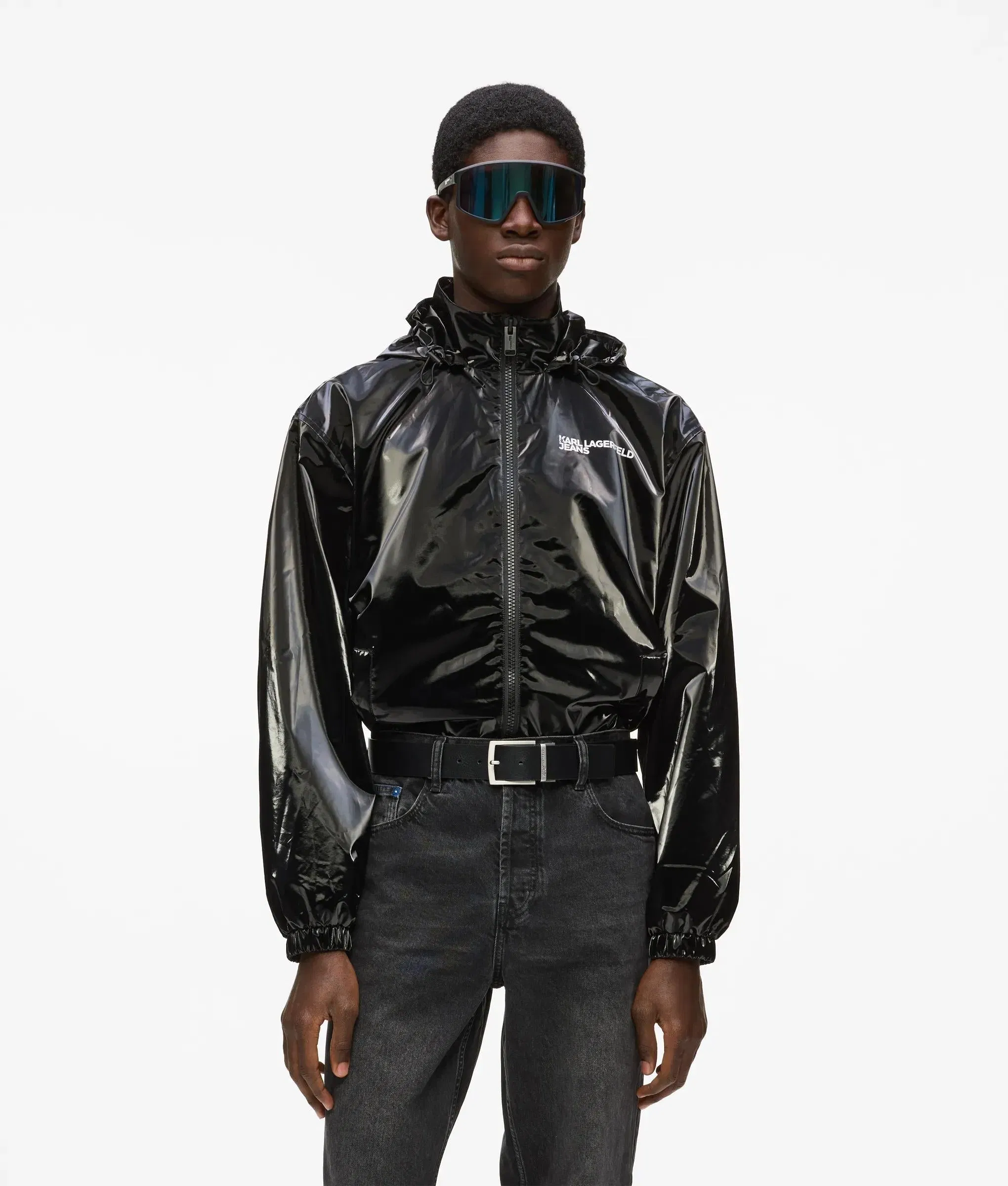 Karl Lagerfeld Shiny Hooded Bomber Jacket Black