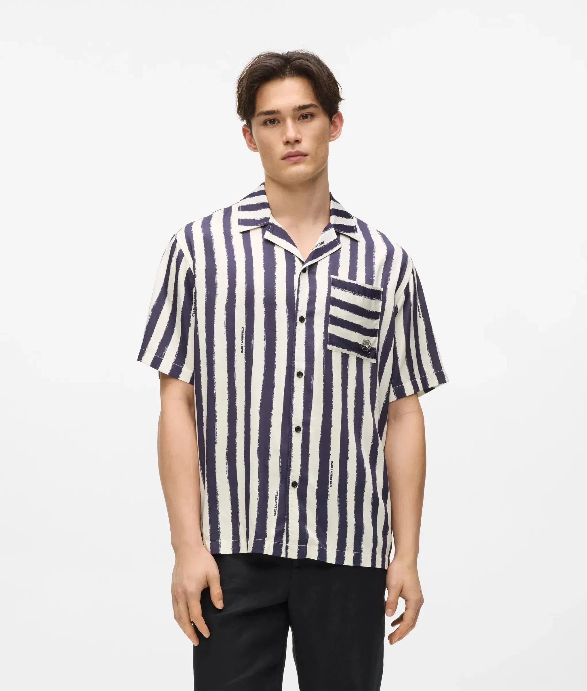 Karl Lagerfeld Ikon Short - Sleeved Striped Bowling Shirt Cannoli Cream