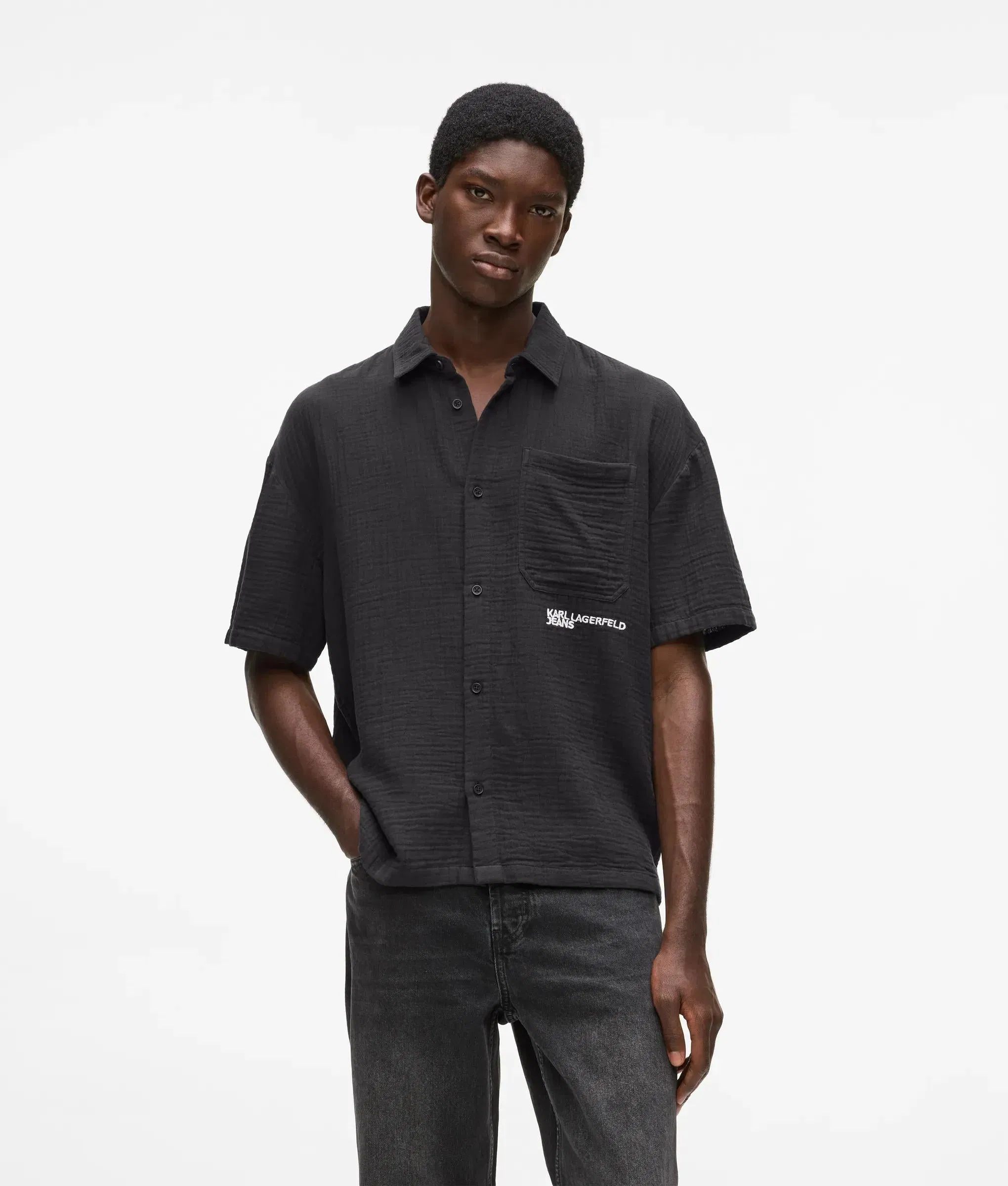 Karl Lagerfeld Short - Sleeved Crinkled Shirt Black