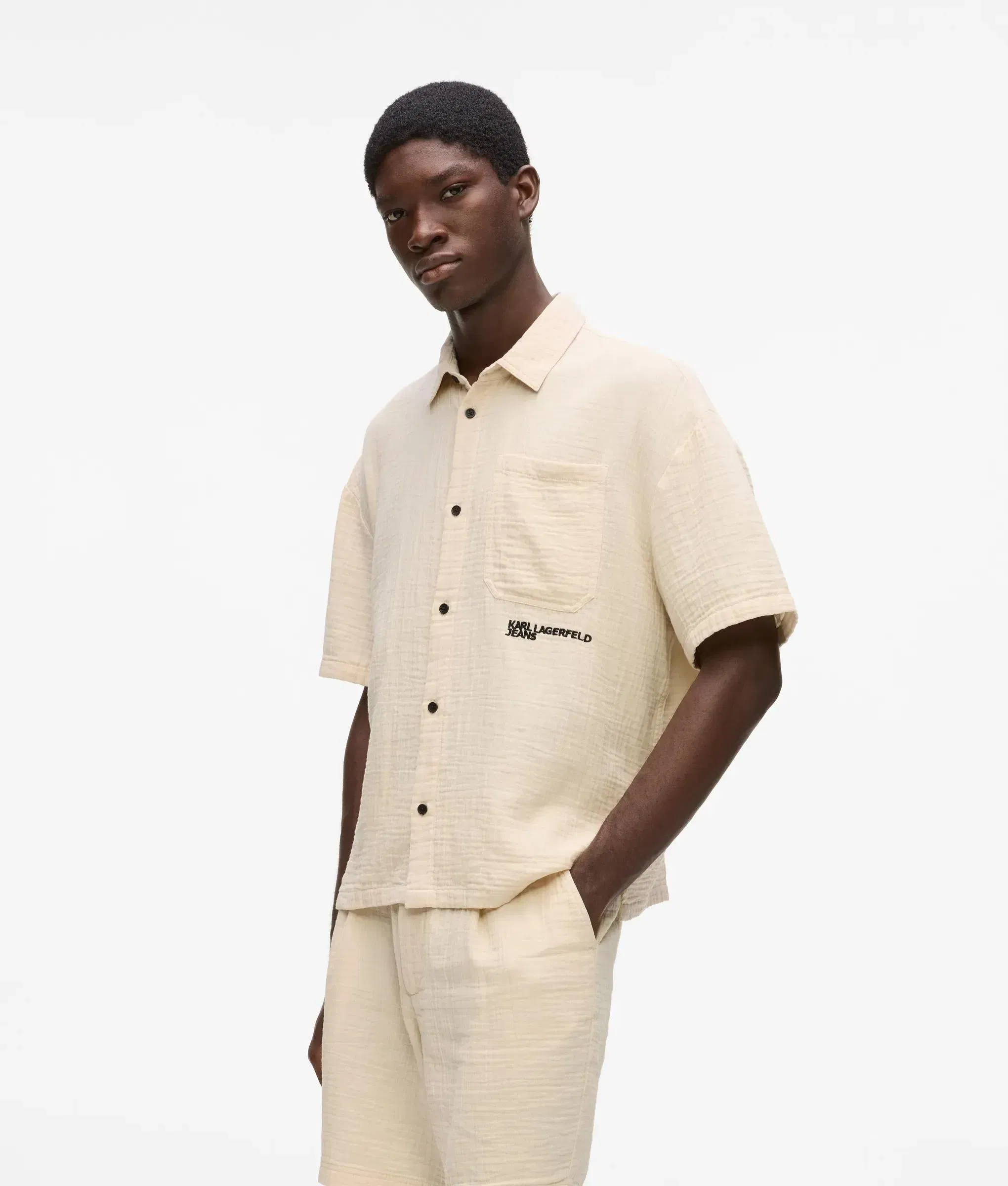 Karl Lagerfeld Short - Sleeved Crinkled Shirt Whitecap Grey
