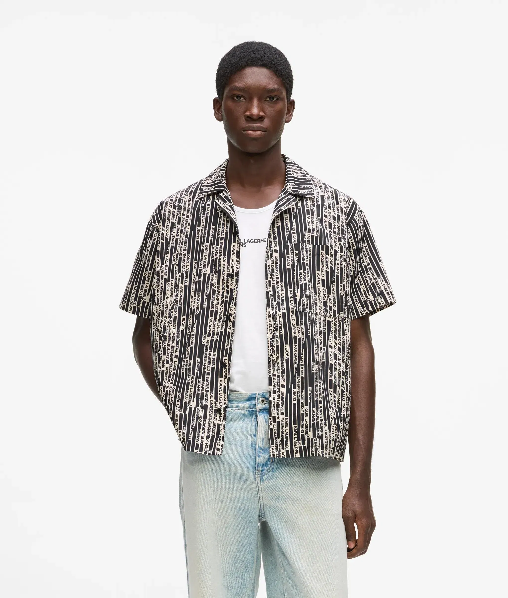 Karl Lagerfeld Short - Sleeved Logo Print Shirt Linear Logo All Over Print