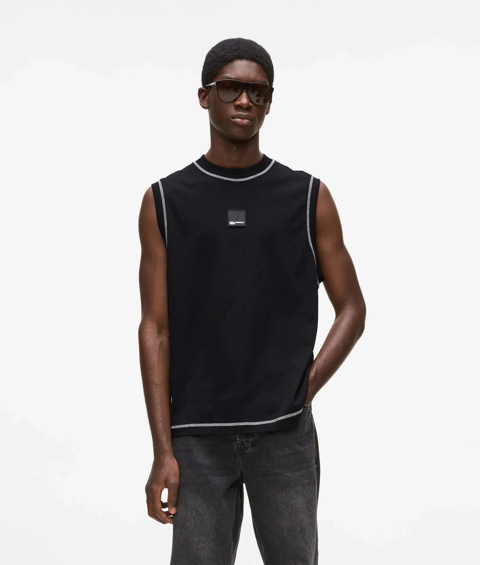 Karl Lagerfeld Relaxed Contrast Stitch Tank Top Black