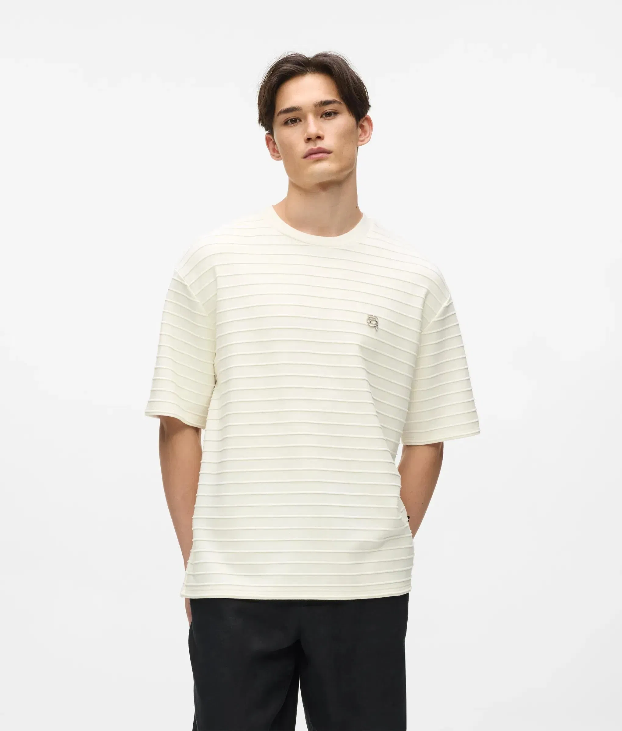 Karl Lagerfeld Ikon Textured Striped T - Shirt Cannoli Cream