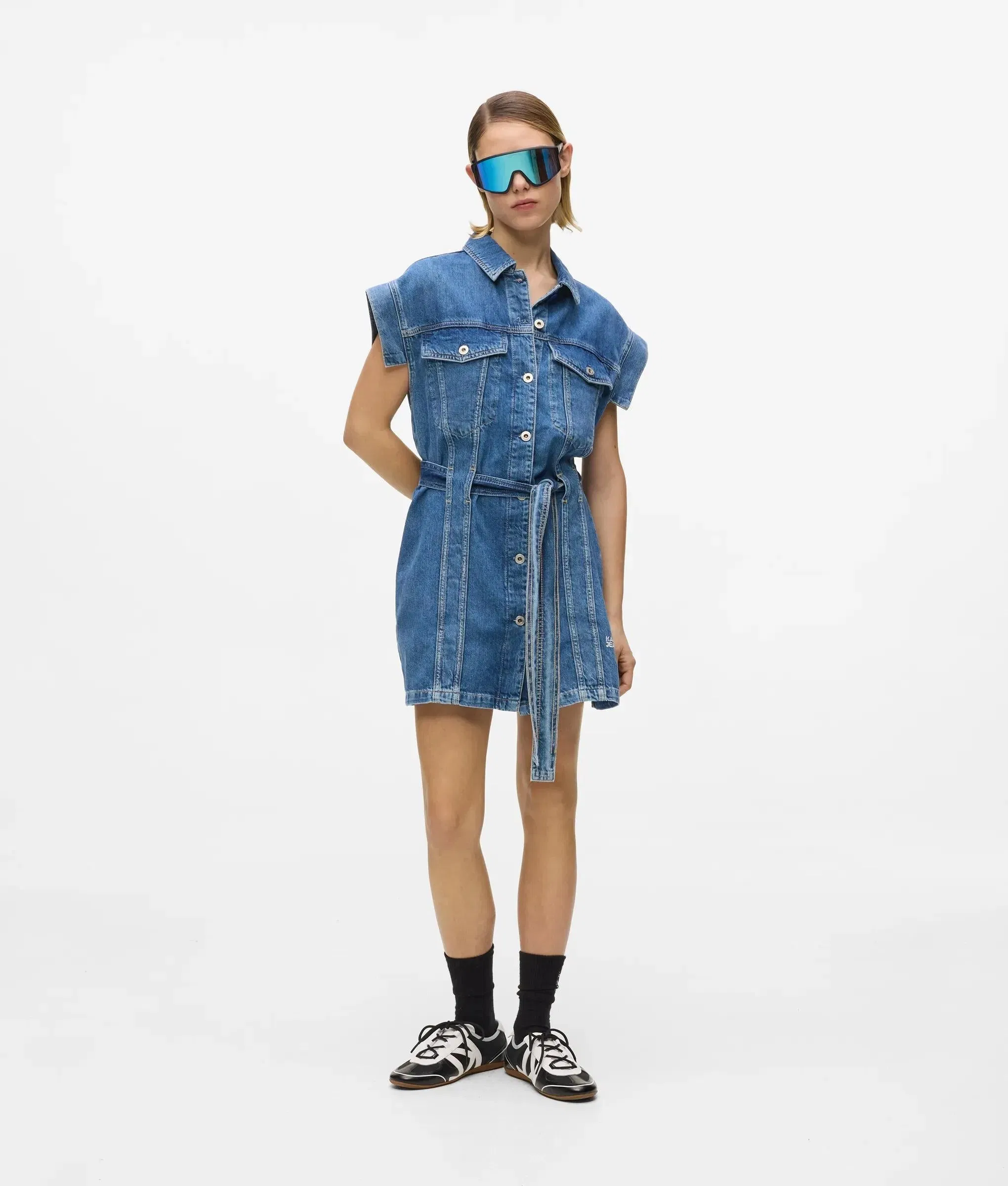 Karl Lagerfeld Short - Sleeved Belted Denim Dress Mid Blue Stone