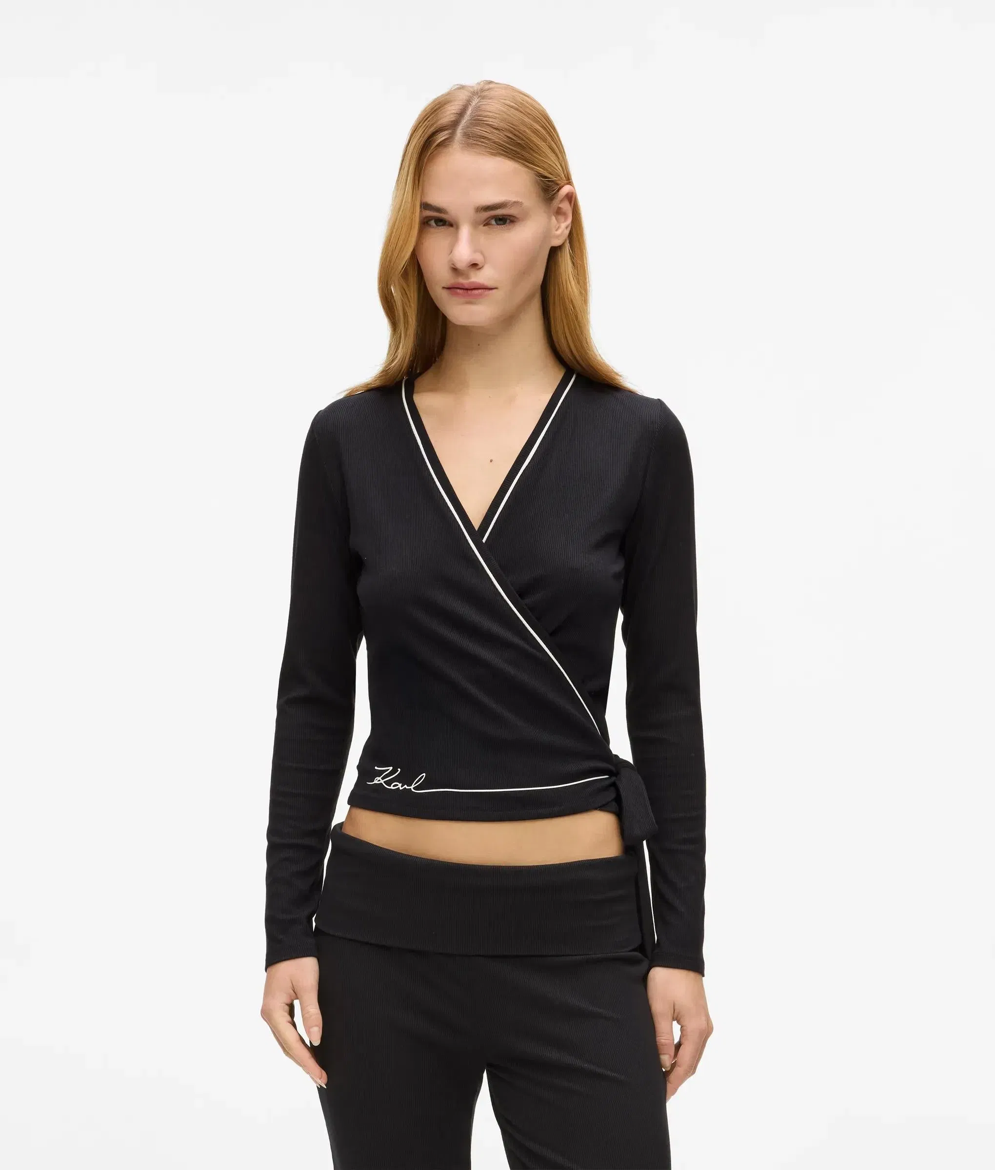 Karl Lagerfeld Signature Loungewear Wrap Top Black