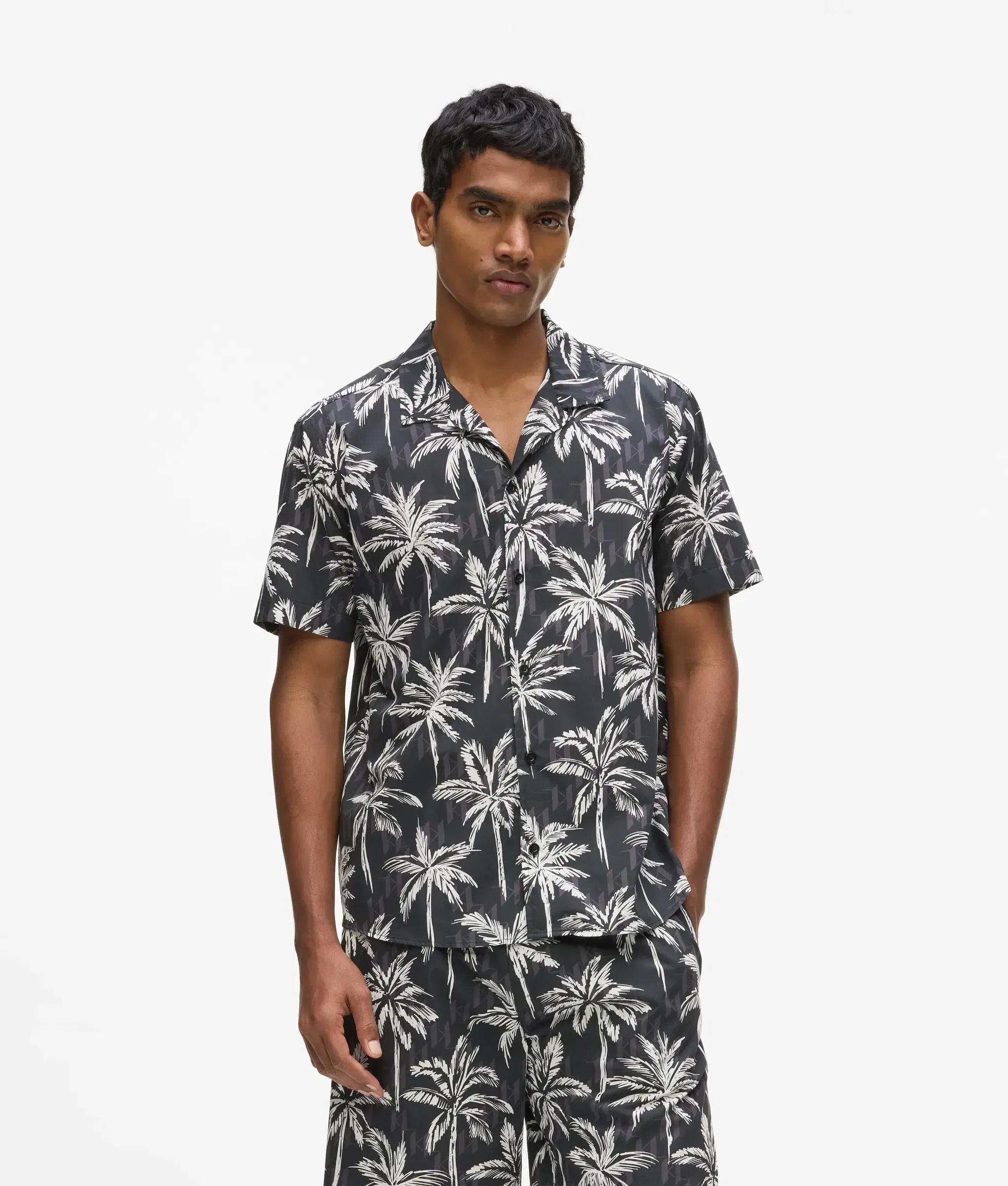 Karl Lagerfeld Palm - Print Short - Sleeved Shirt Black