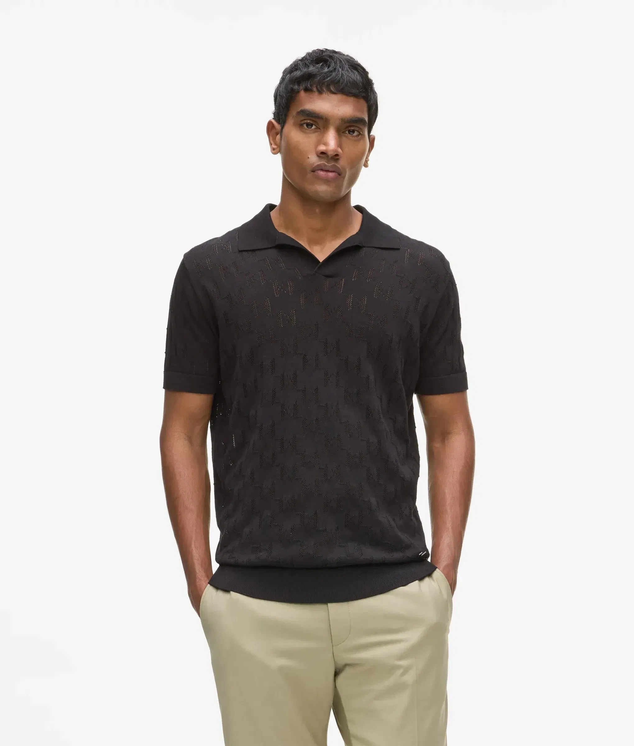 Karl Lagerfeld Monogram Knit Polo Shirt Black