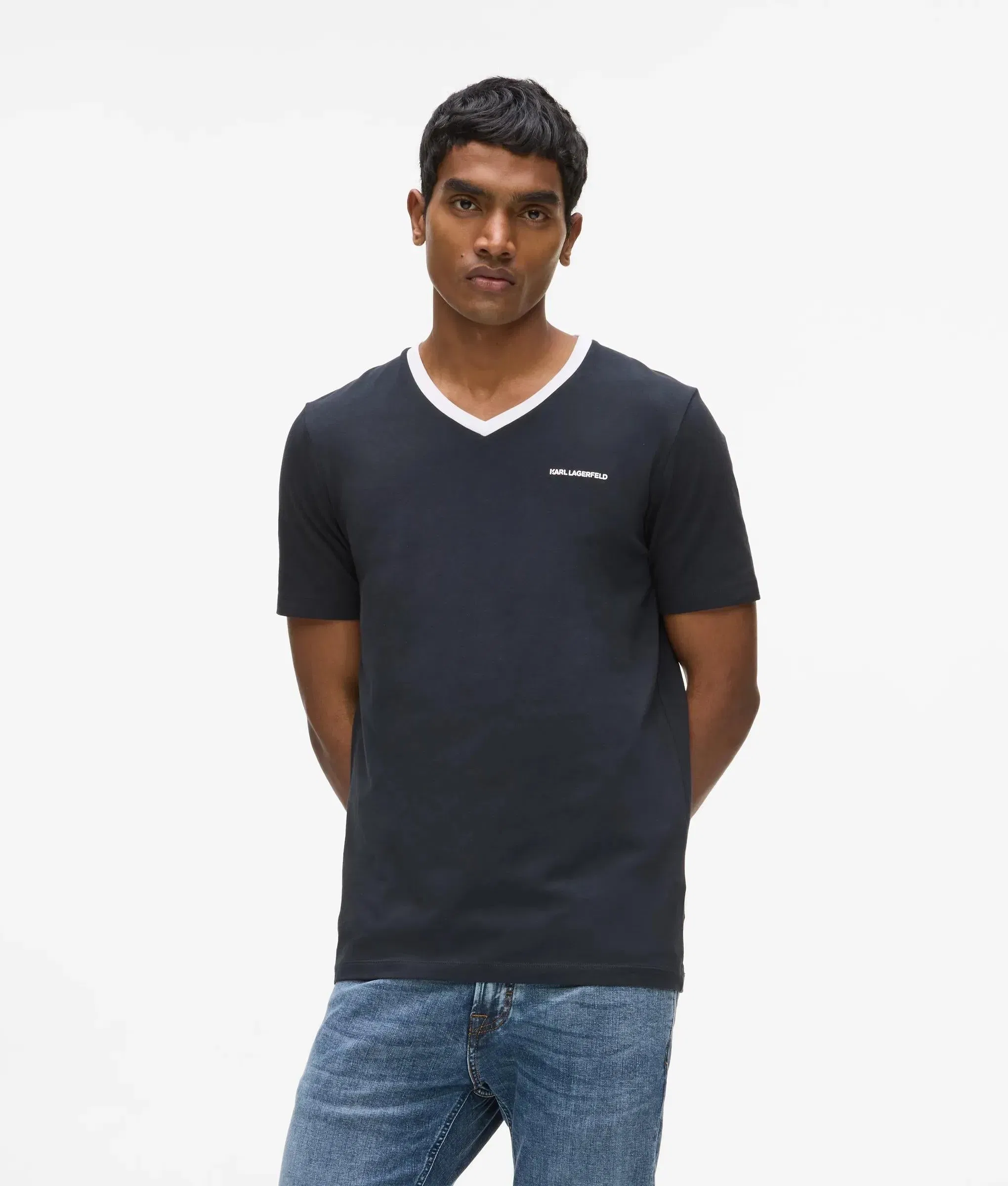 Karl Lagerfeld Contrast V - Neck T - Shirt Navy